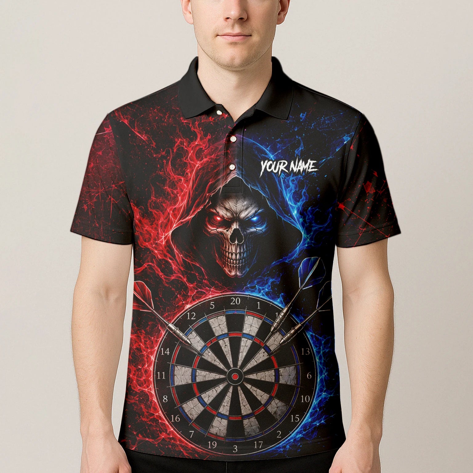 Personalised Red & Blue Split Skull Darts Polo Shirt For Men L857
