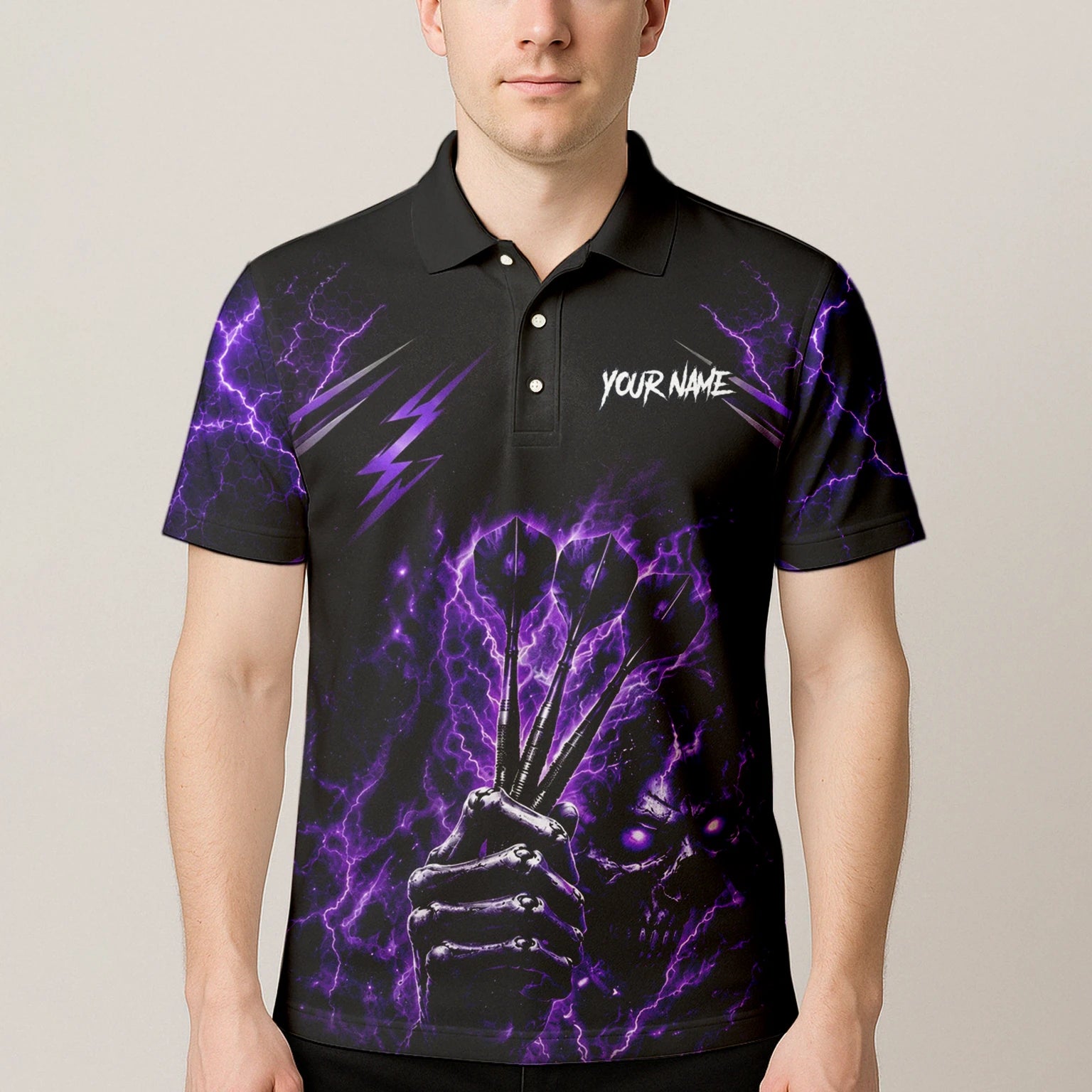 Personalised Black & Purple Lightning Skeleton Hand Darts Shirt For Men H822