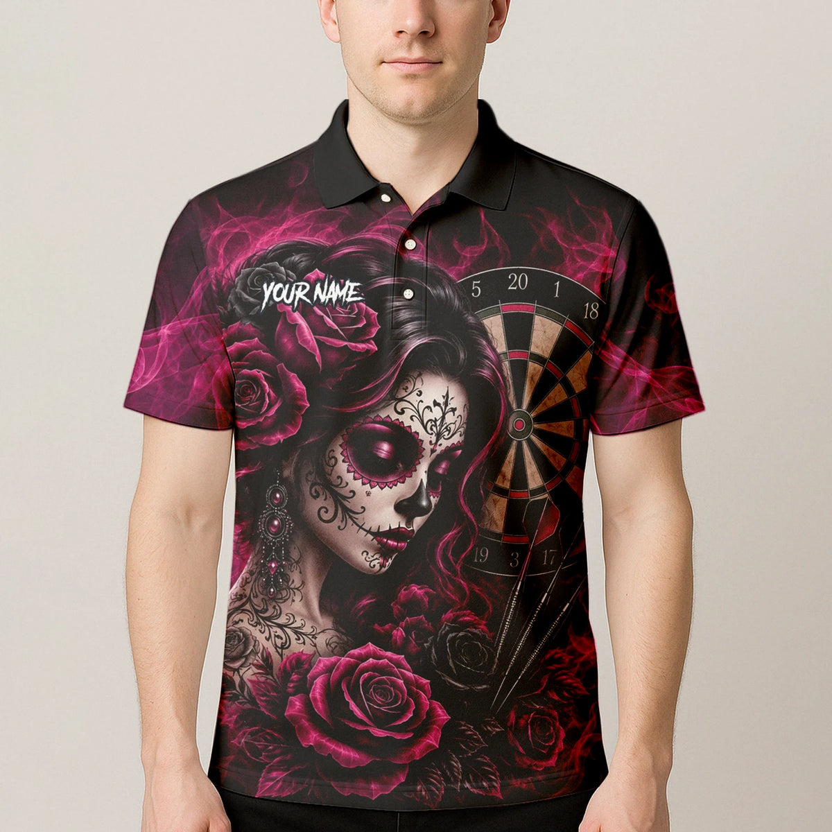 Personalised Black & Pink Sugar Skull Roses Darts Shirt For Men Z109