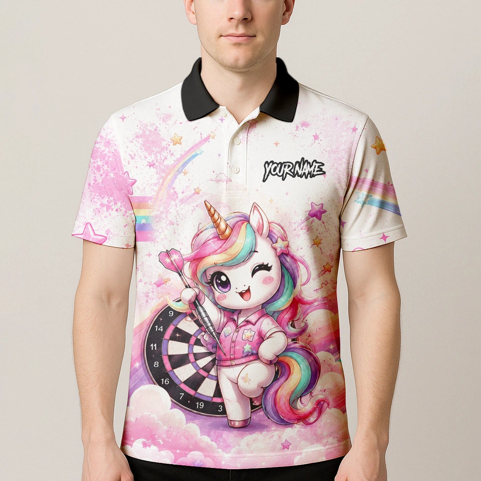 Personalised Pink & White Rainbow Unicorn Darts Shirt For Men F188