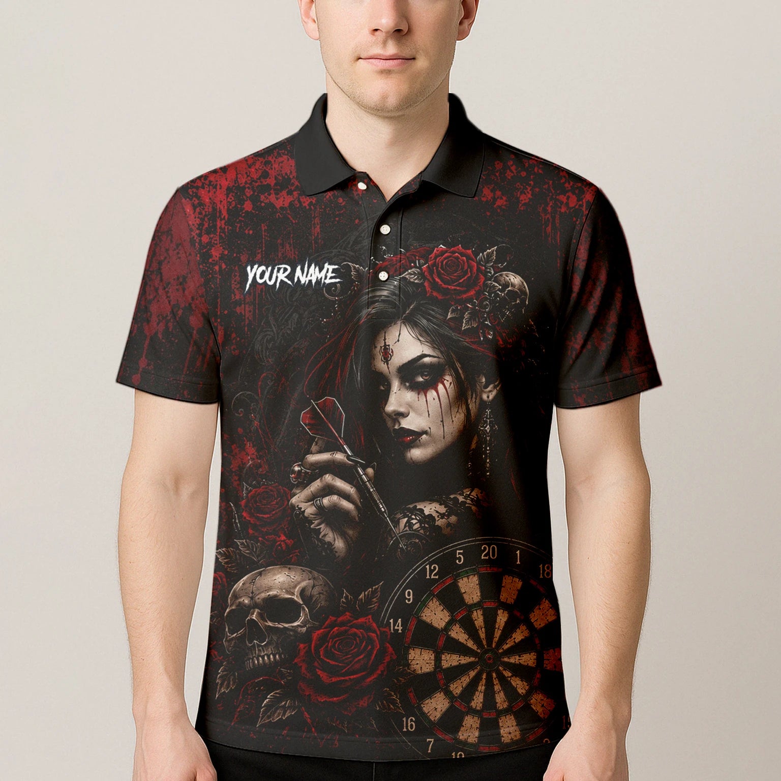 Personalised Black & Red Gothic Woman Skull Darts Shirt For Men W035