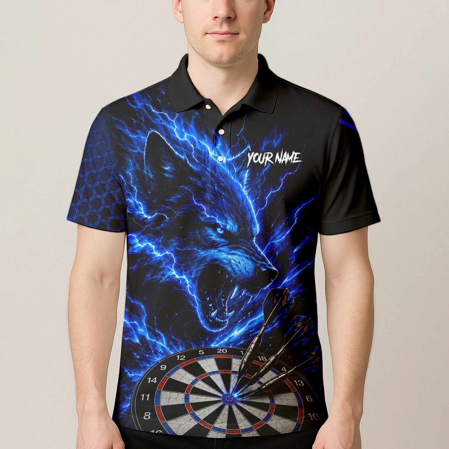 Personalised Black & Blue Wolf Lightning Darts Shirt For Men Y375