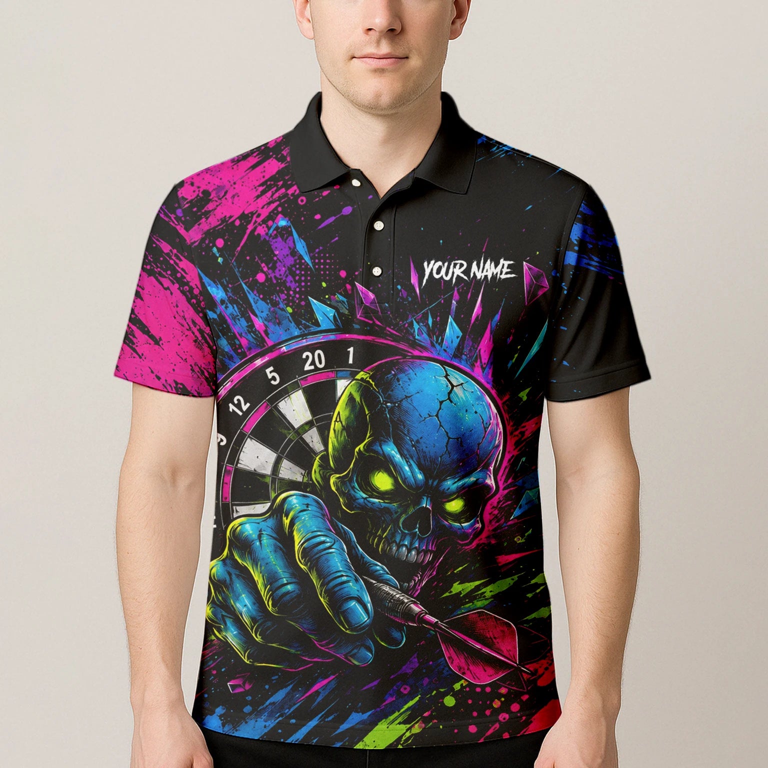 Personalised Neon Blue Green & Pink Skull Dartboard Darts Shirt For Men S232