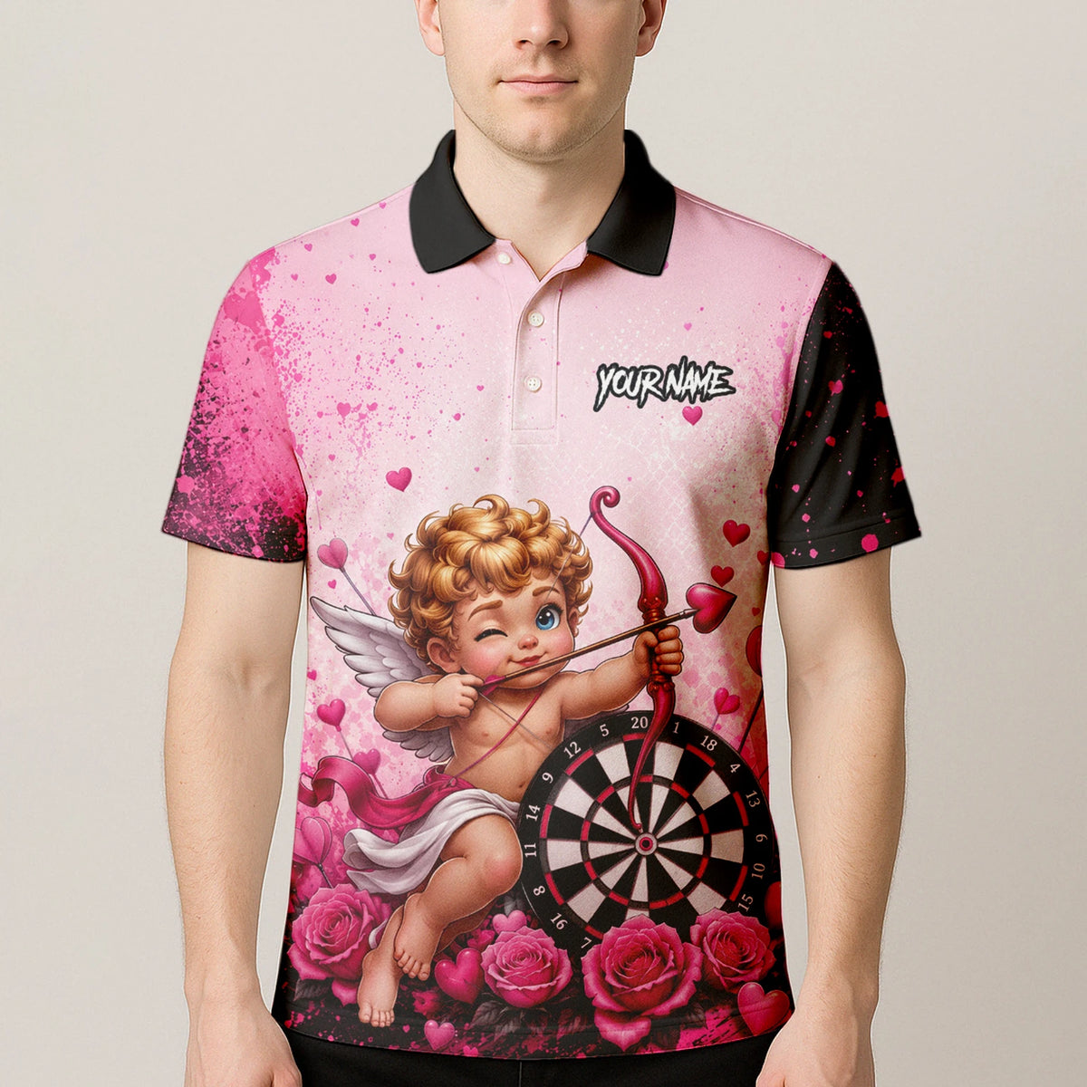 Personalised Pink & Black Cupid Dartboard Darts Shirt For Men I643