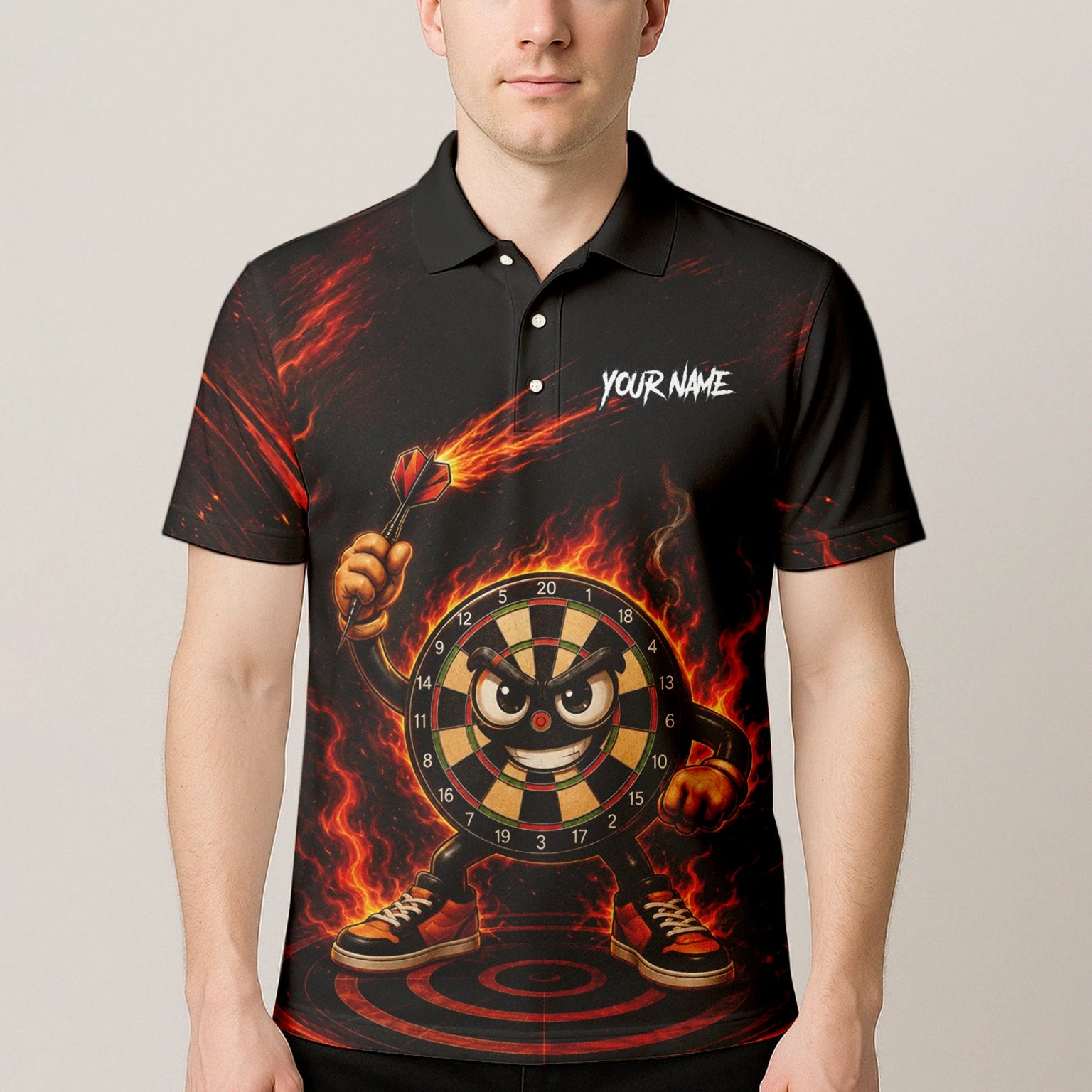 Personalised Black & Red Fiery Dartboard Character Darts Shirt For Men W224