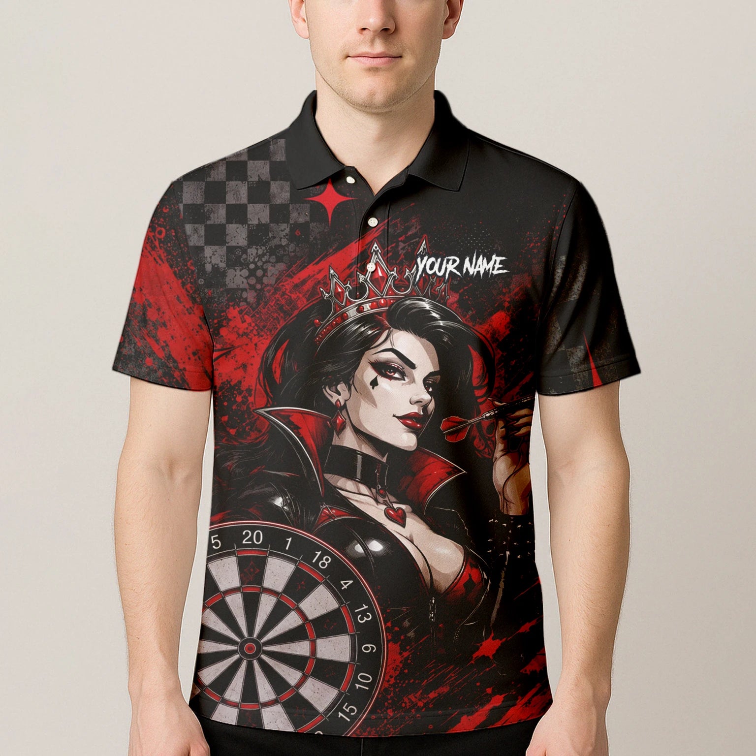 Personalised Black & Red Queen of Hearts Darts Shirt For Men R803