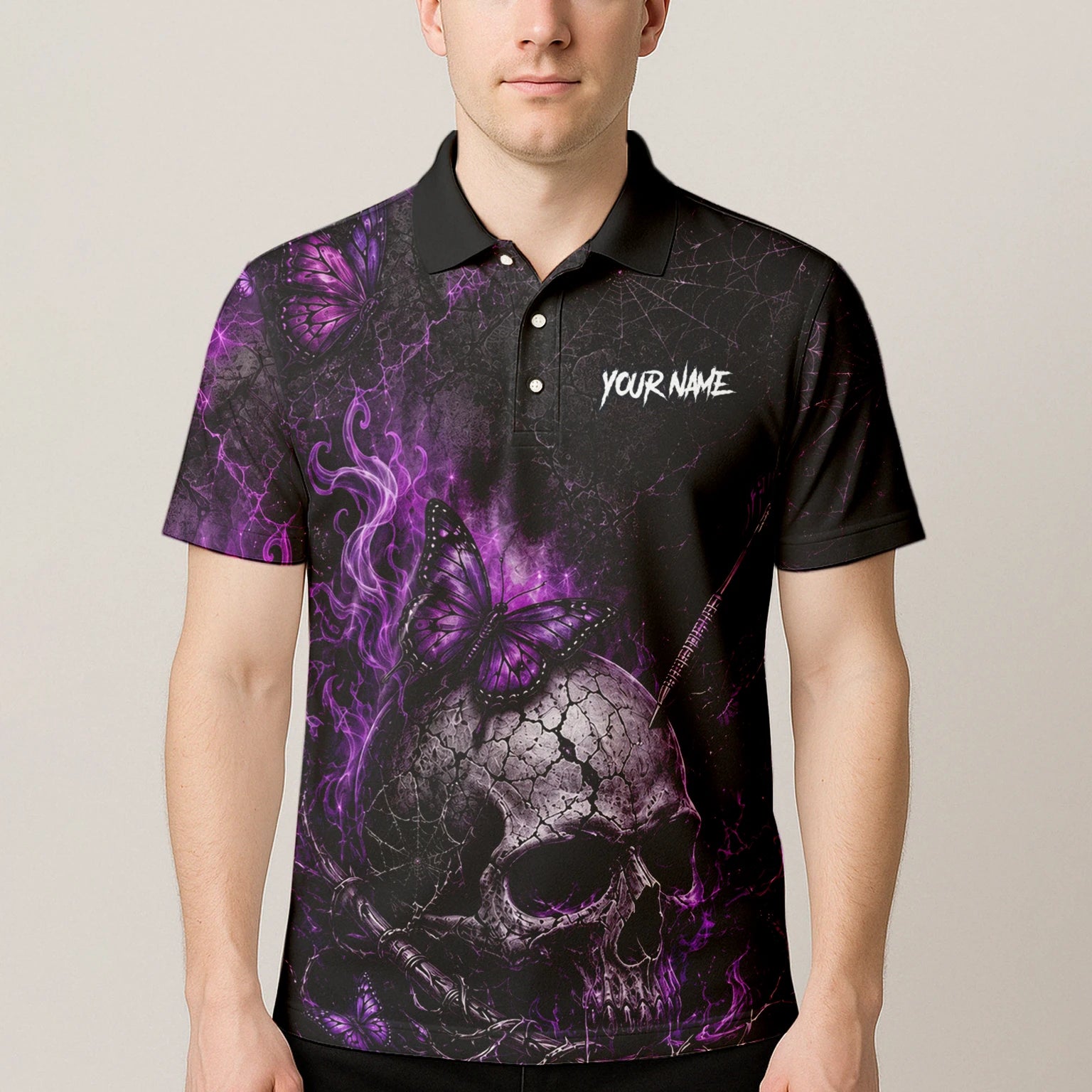 Personalised Black & Purple Skull Butterfly Darts Shirt For Men Q241