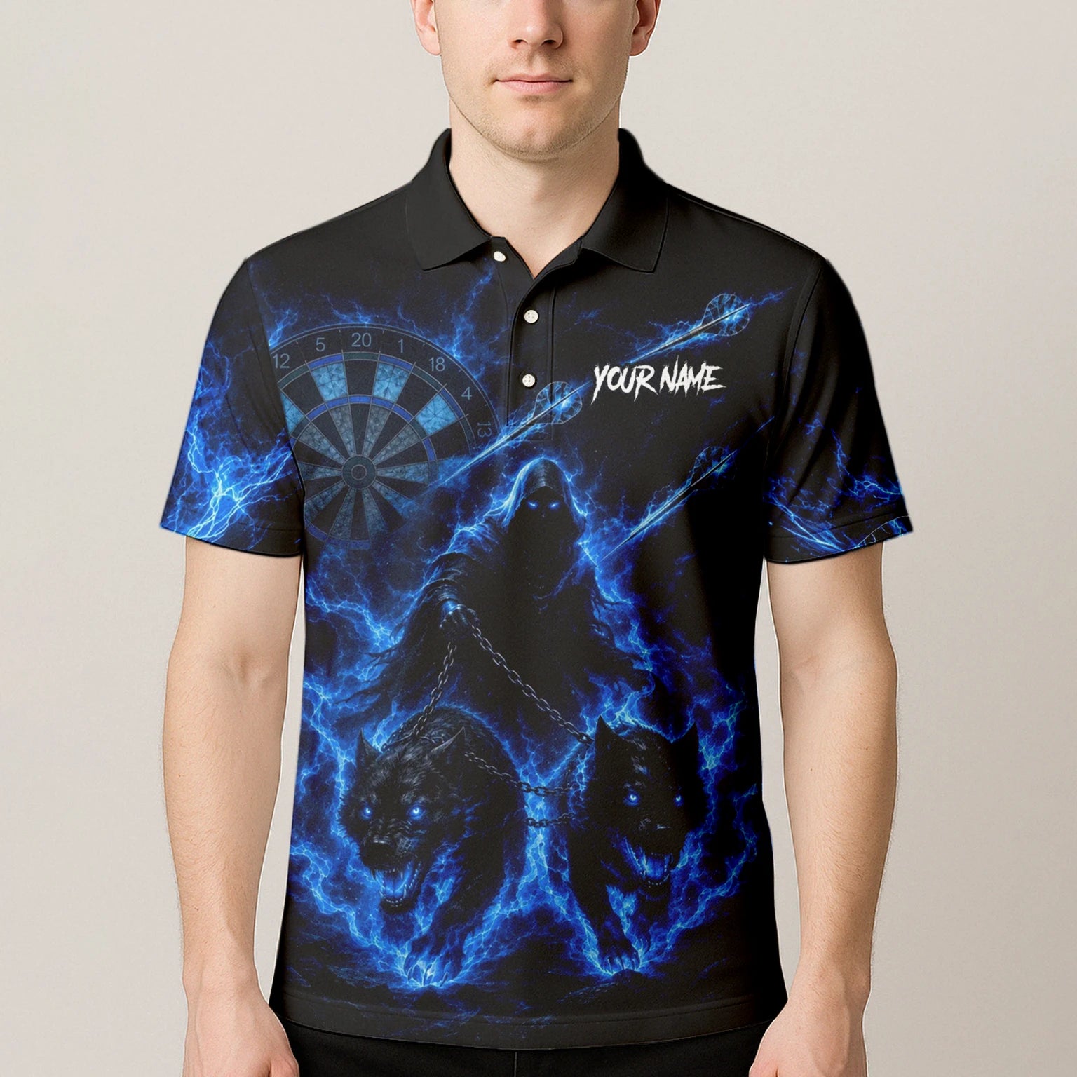 Personalised Black & Blue Grim Reaper and Wolves Darts Shirt For Men X871