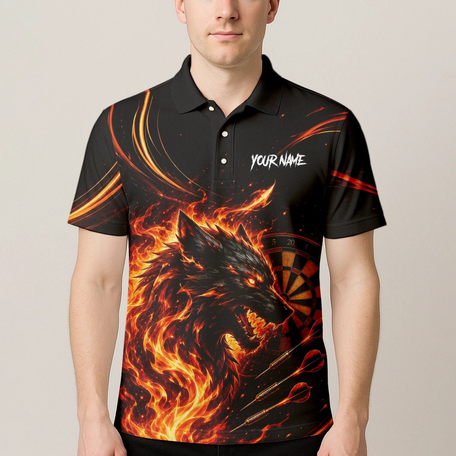 Personalised Flaming Wolf Darts Polo Shirt For Men W521