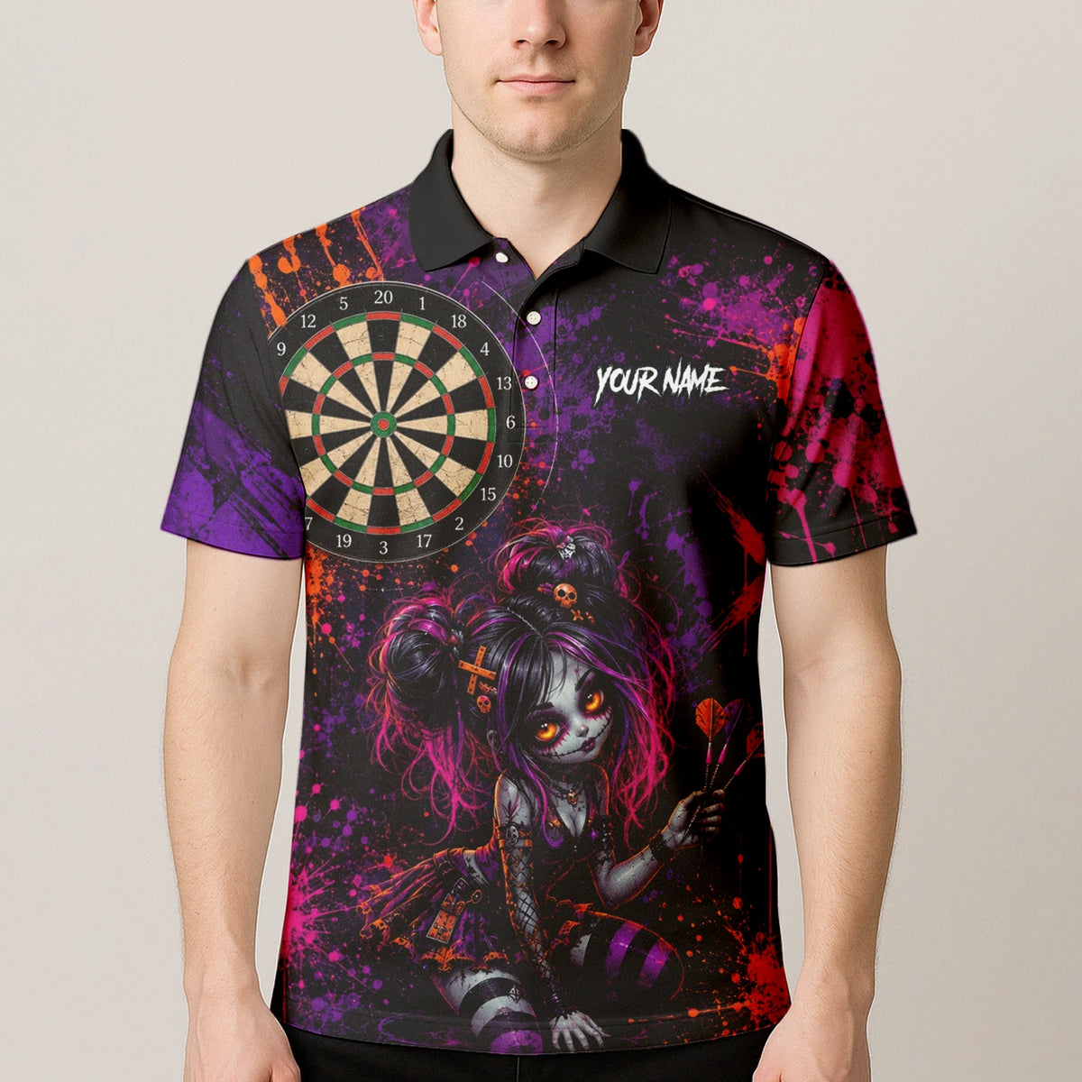Personalised Black Purple Pink & Orange Gothic Darts Shirt For Men Z641
