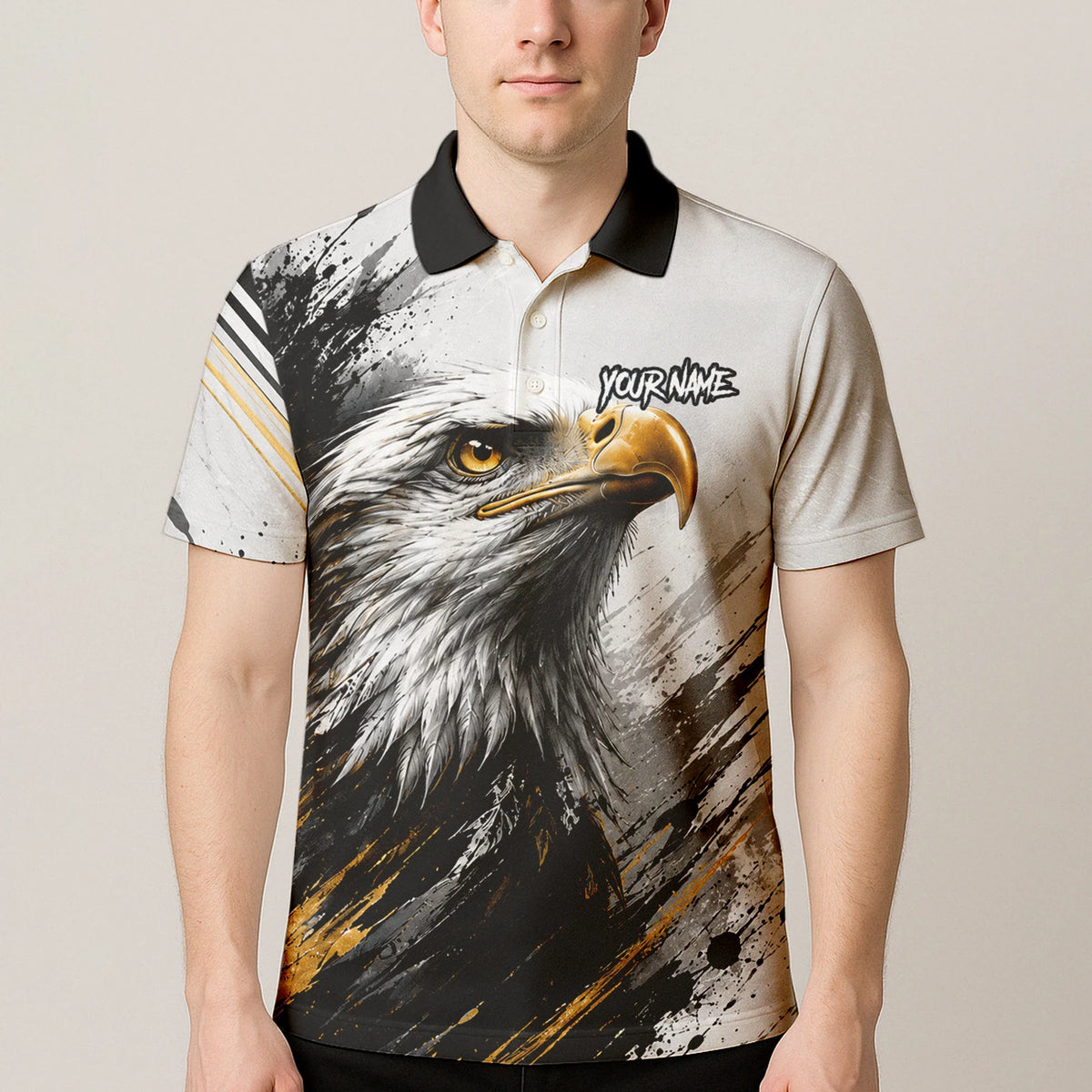 Personalised White Black Gold Bald Eagle Darts Shirt For Men S805