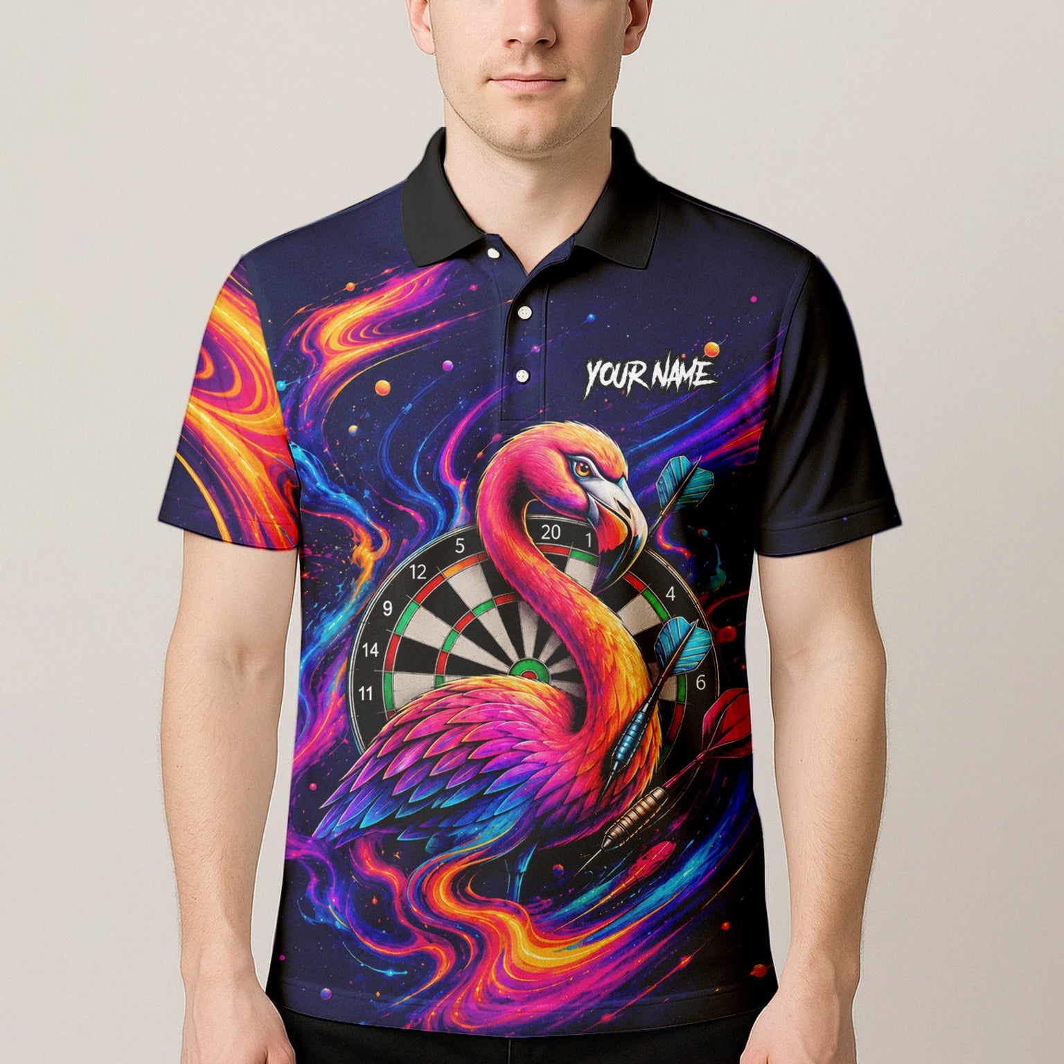 Personalised Neon Flamingo Galaxy Darts Polo Shirt For Men D064