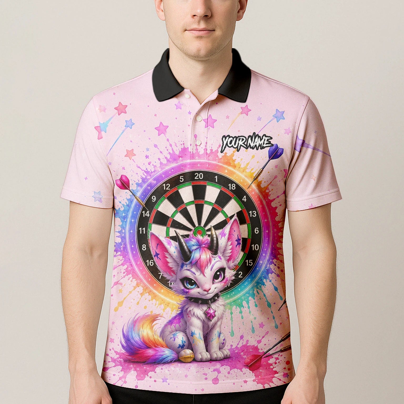 Personalised Pink & Rainbow Fantasy Cat Unicorn Darts Shirt For Men X398