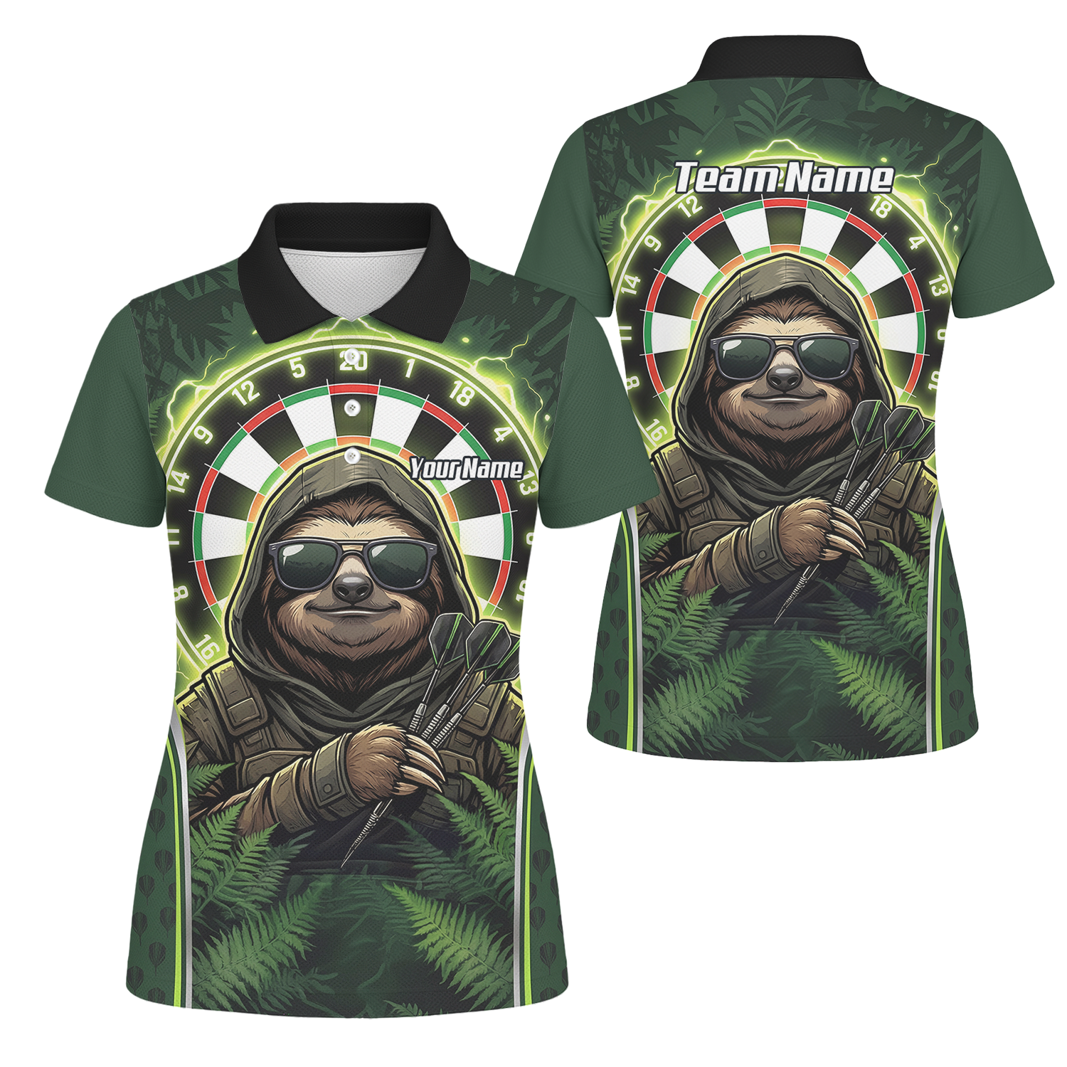 Personalised Sloth Darts Shirt for Women Green Jungle Custom Dart Jersey with Name Polo Top A2449
