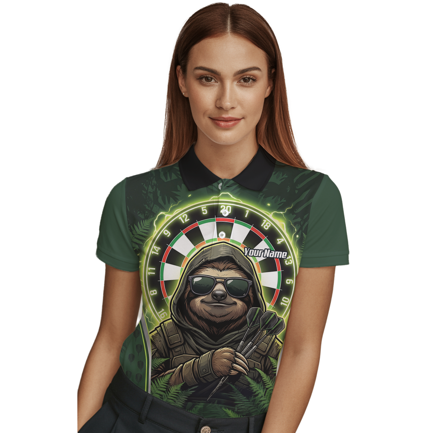 Personalised Sloth Darts Shirt for Women Green Jungle Custom Dart Jersey with Name Polo Top A2449