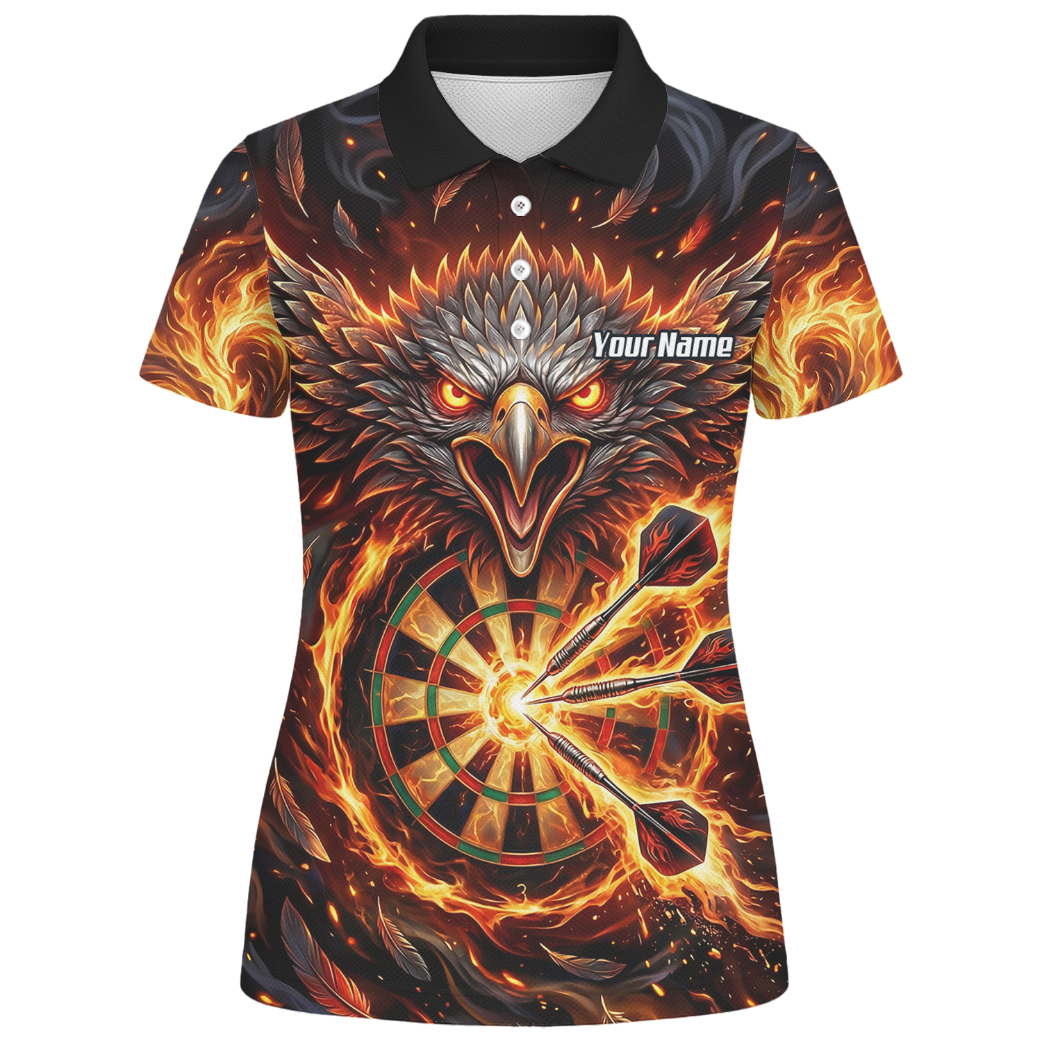 Personalised Fire Eagle Dart Jersey for Women Custom Team Name Dartboard Polo Shirt Black Orange A3134