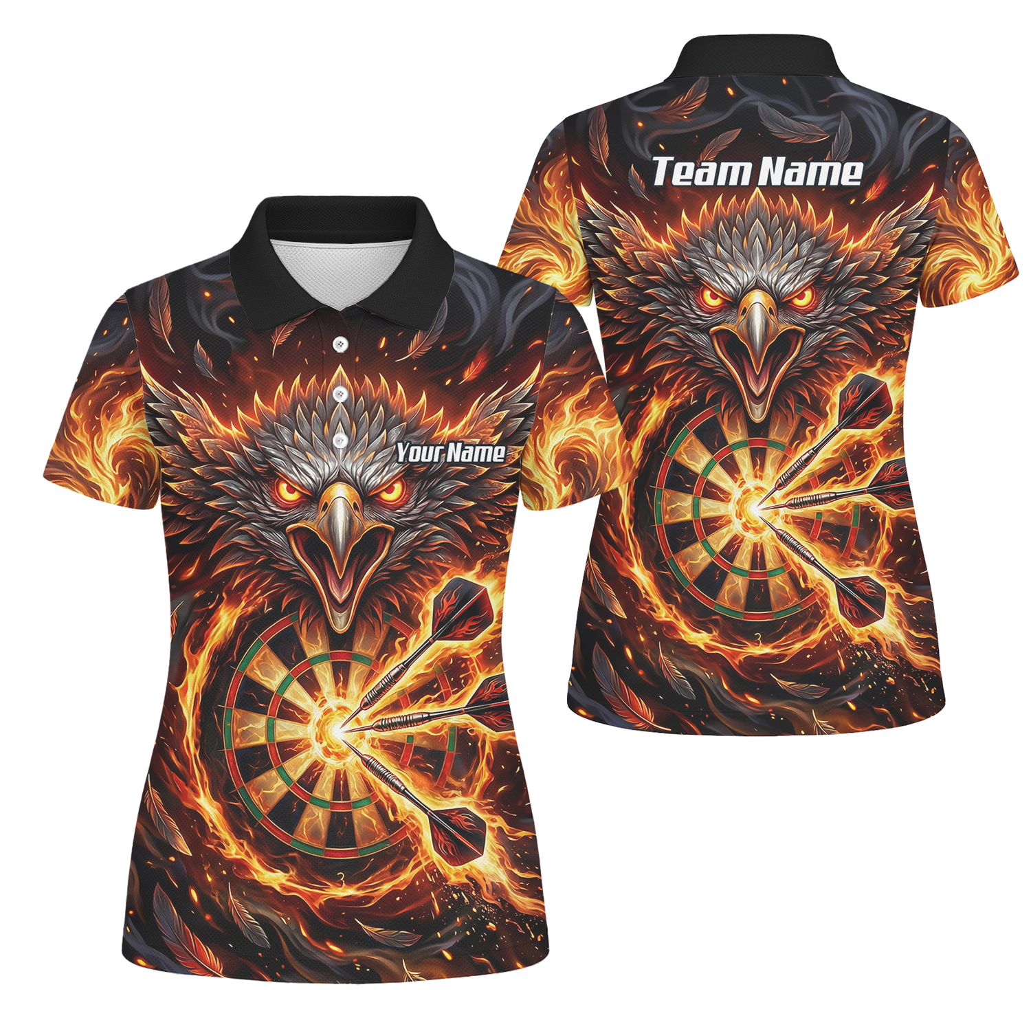 Personalised Fire Eagle Dart Jersey for Women Custom Team Name Dartboard Polo Shirt Black Orange A3134