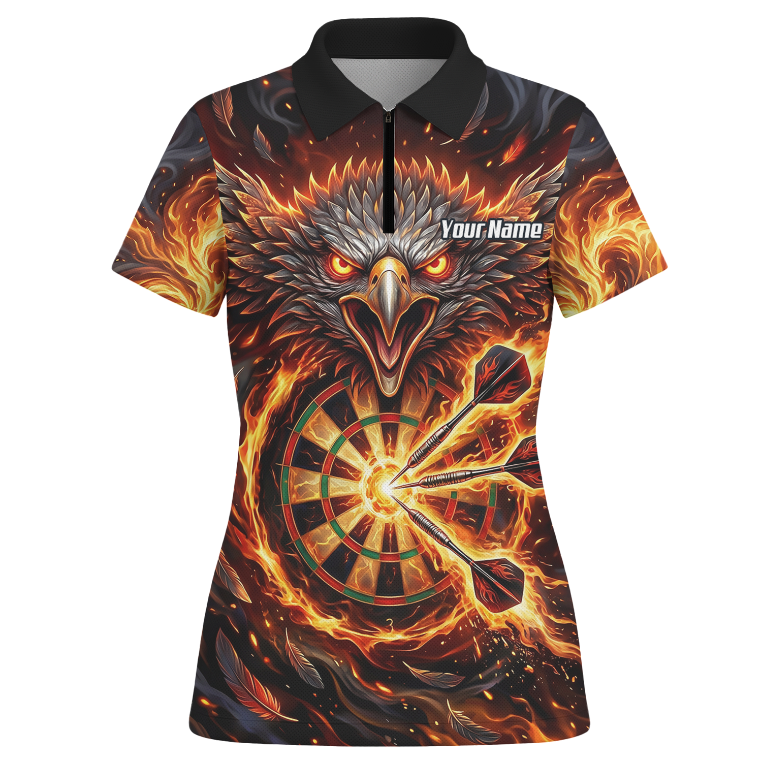 Personalised Fire Eagle Dart Jersey for Women Custom Team Name Dartboard Polo Shirt Black Orange A3134