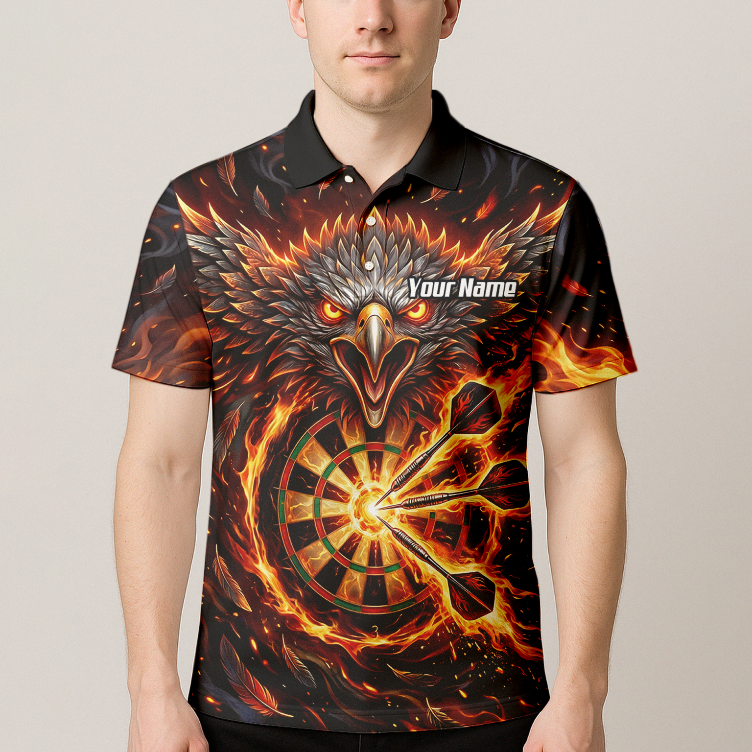 Personalised Fire Eagle Dart Jersey for Men Custom Team Name Dartboard Polo Shirt Black Orange A3134