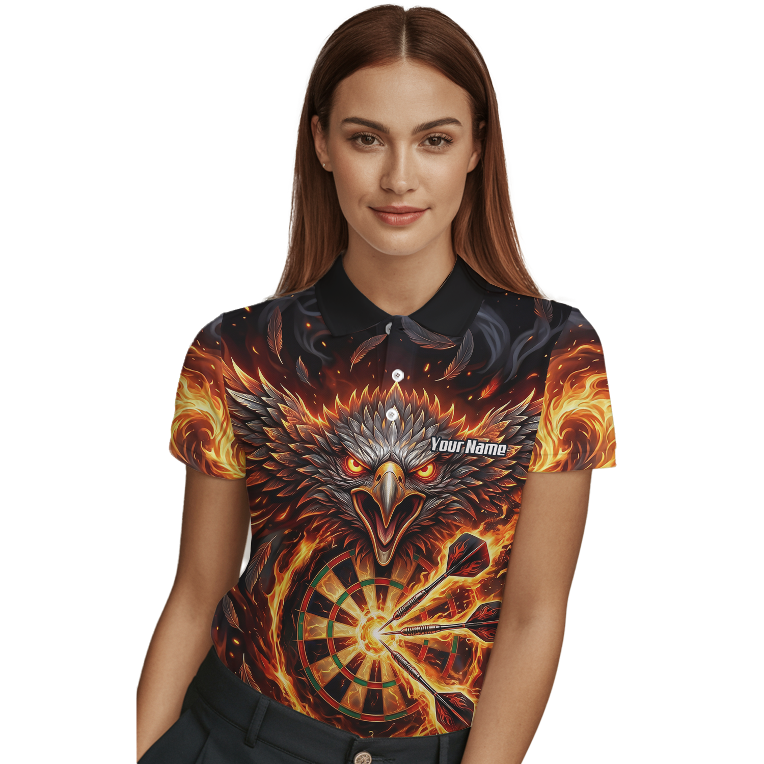 Personalised Fire Eagle Dart Jersey for Women Custom Team Name Dartboard Polo Shirt Black Orange A3134