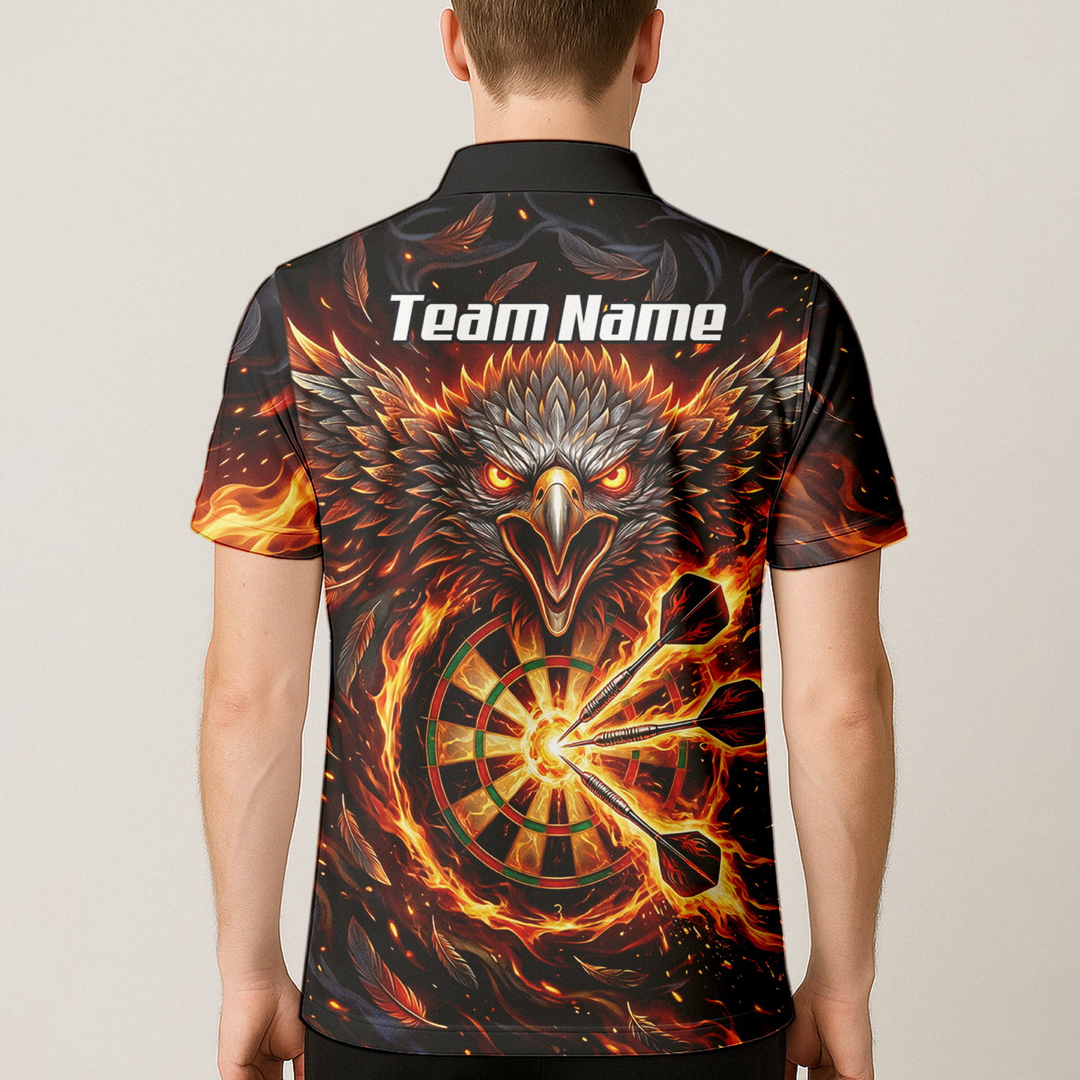 Personalised Fire Eagle Dart Jersey for Men Custom Team Name Dartboard Polo Shirt Black Orange A3134