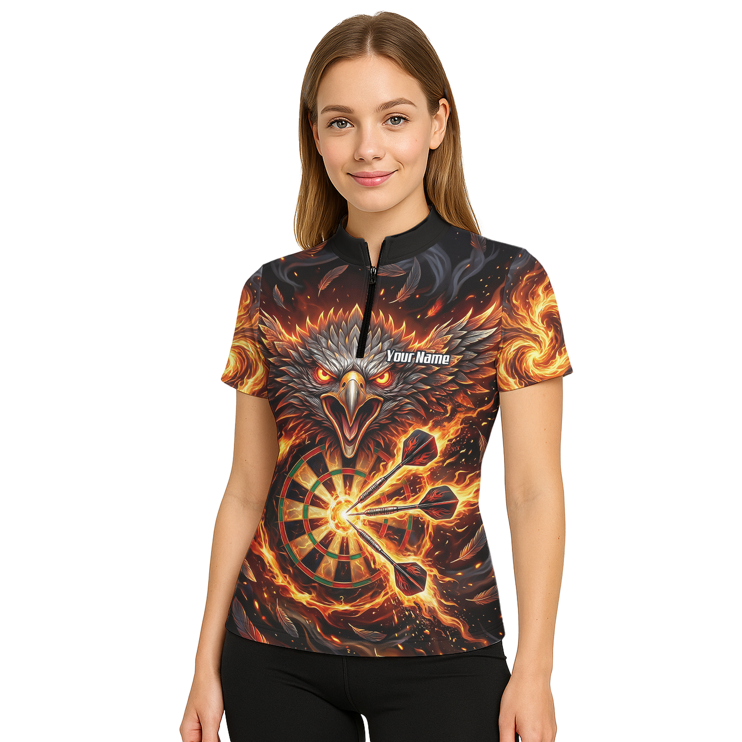 Personalised Fire Eagle Dart Jersey for Women Custom Team Name Dartboard Polo Shirt Black Orange A3134