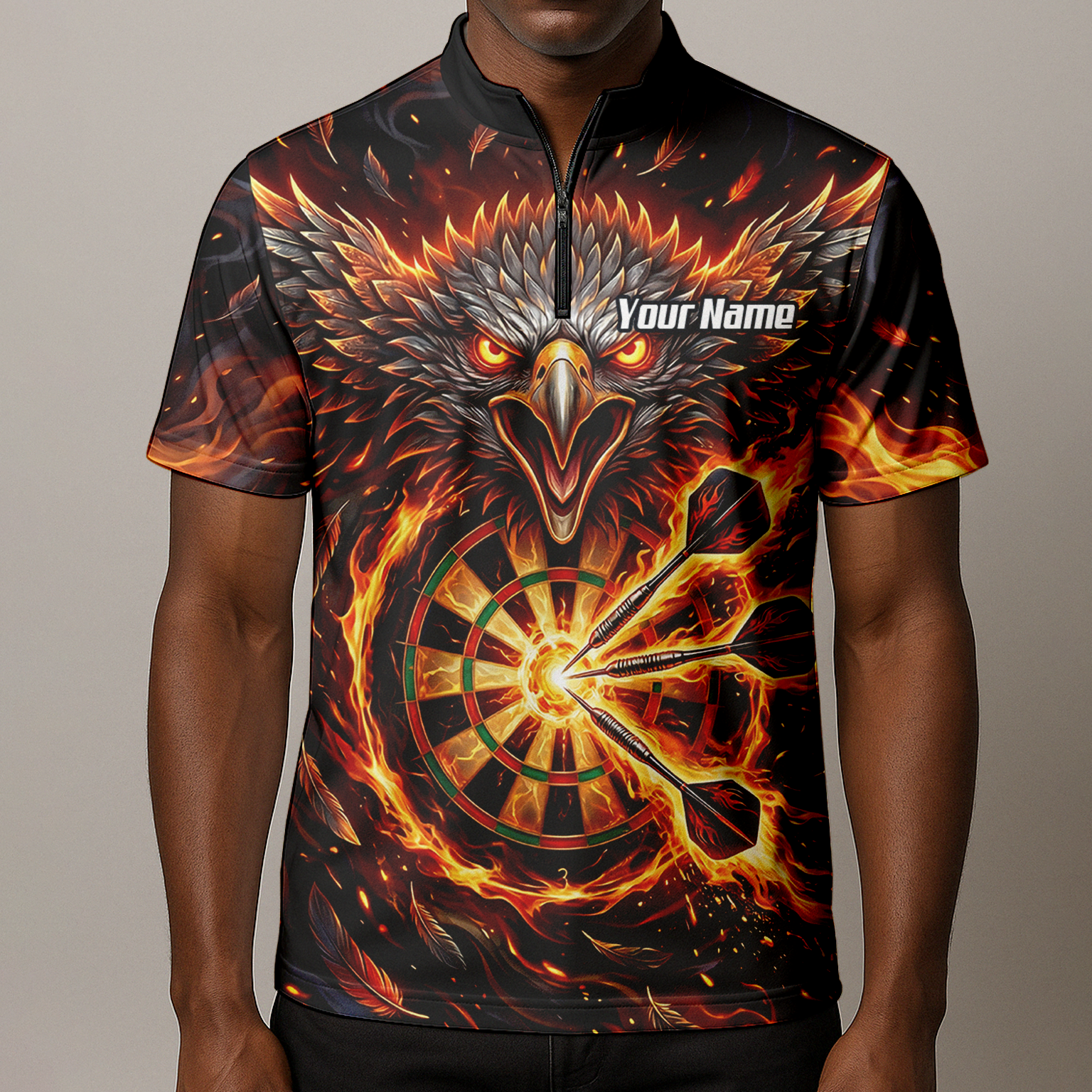 Personalised Fire Eagle Dart Jersey for Men Custom Team Name Dartboard Polo Shirt Black Orange A3134