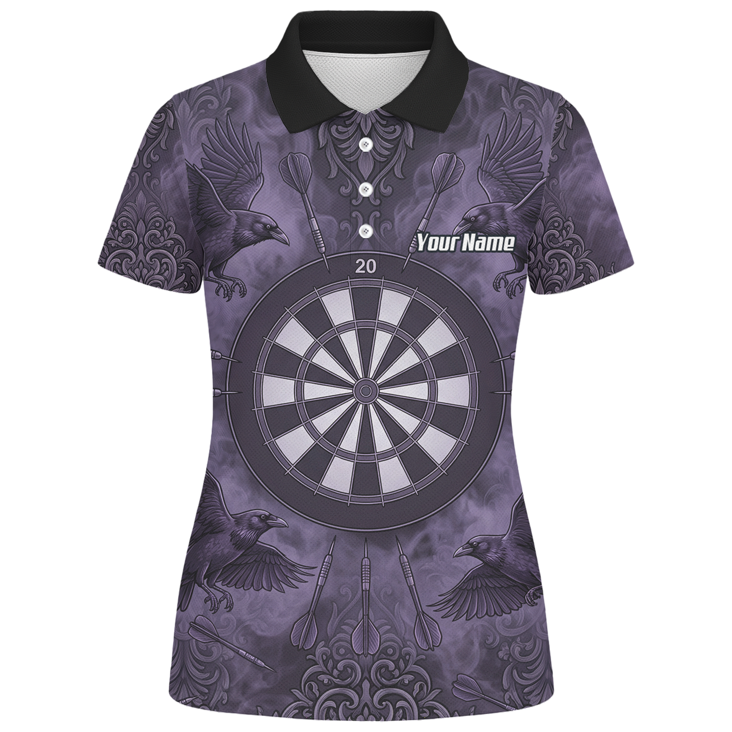 Personalised Raven Dart Jersey for Women Purple Black Smoke Design Custom Darts Polo Shirt A3714