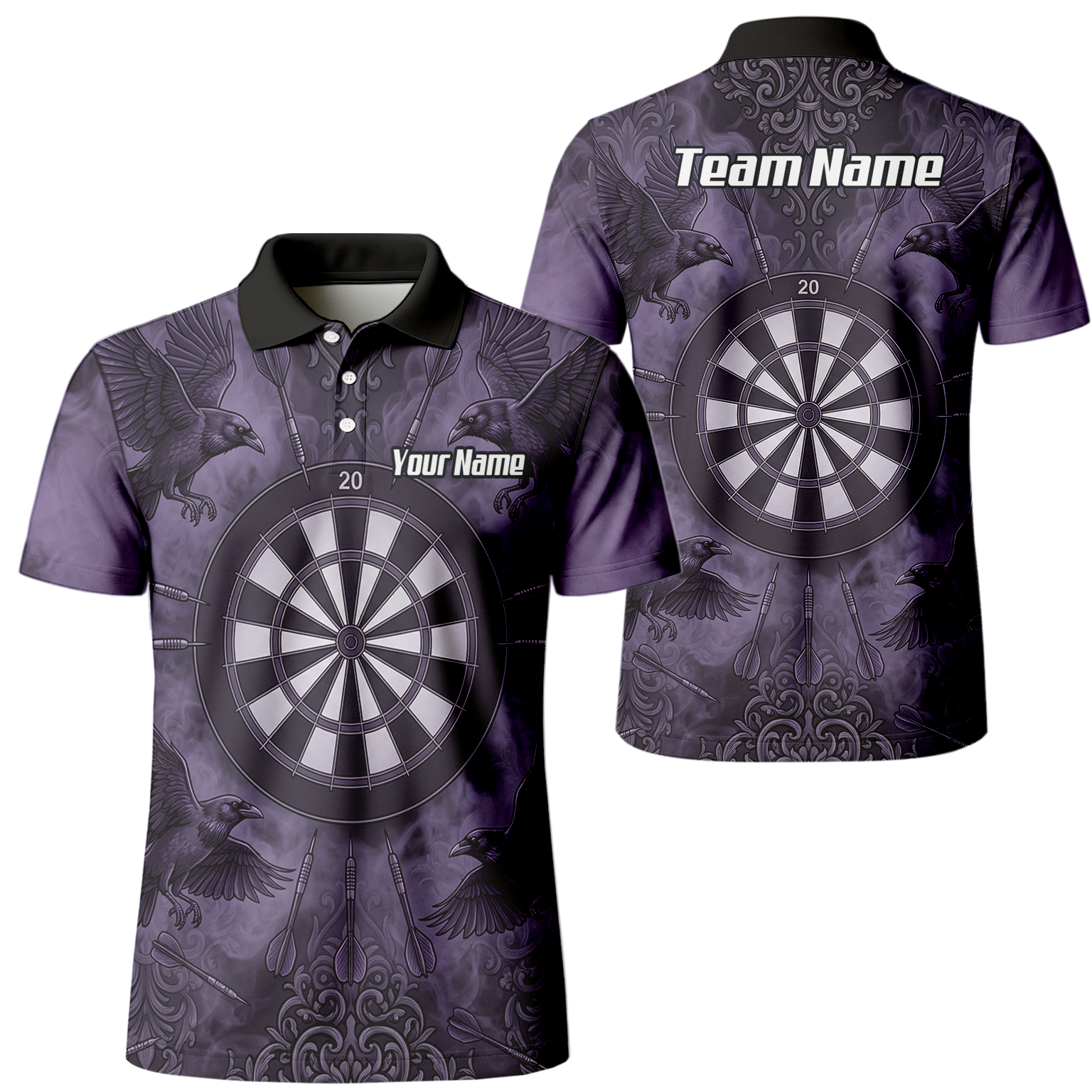 Personalised Raven Dart Jersey for Men Purple Black Smoke Design Custom Darts Polo Shirt A3714