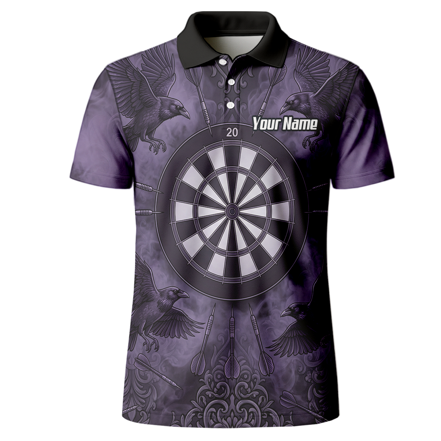 Personalised Raven Dart Jersey for Men Purple Black Smoke Design Custom Darts Polo Shirt A3714