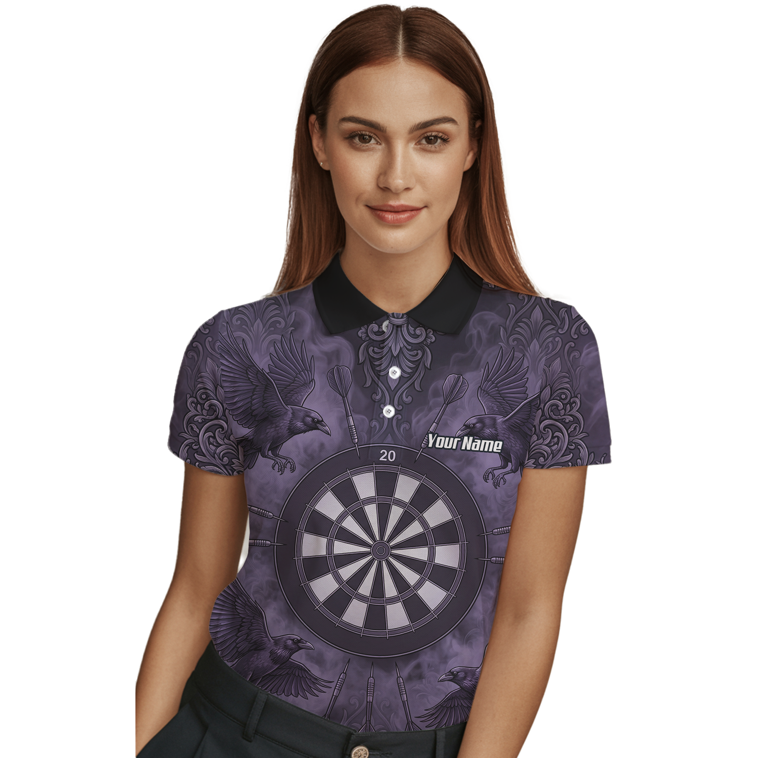 Personalised Raven Dart Jersey for Women Purple Black Smoke Design Custom Darts Polo Shirt A3714
