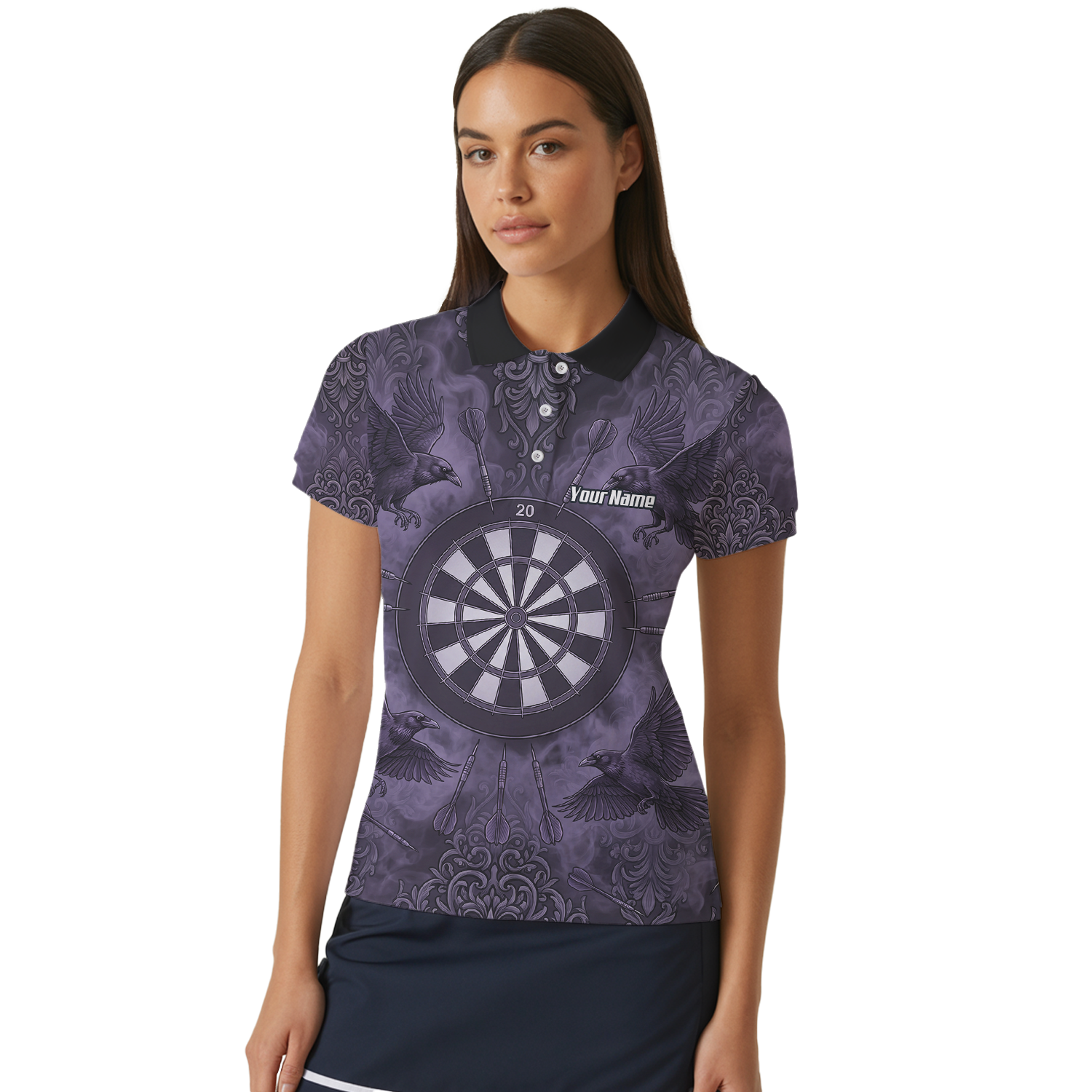 Personalised Raven Dart Jersey for Women Purple Black Smoke Design Custom Darts Polo Shirt A3714