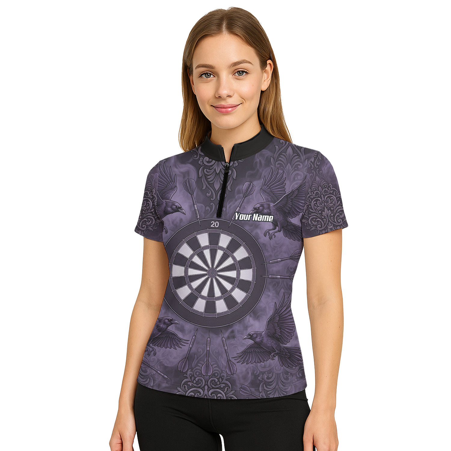 Personalised Raven Dart Jersey for Women Purple Black Smoke Design Custom Darts Polo Shirt A3714