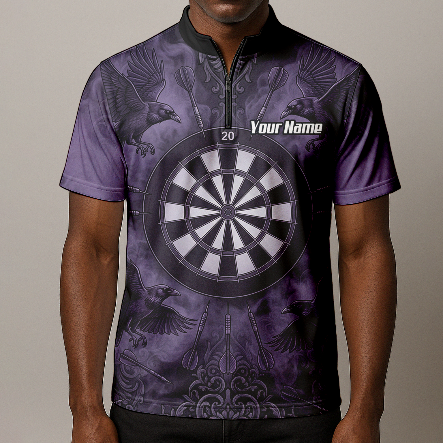 Personalised Raven Dart Jersey for Men Purple Black Smoke Design Custom Darts Polo Shirt A3714