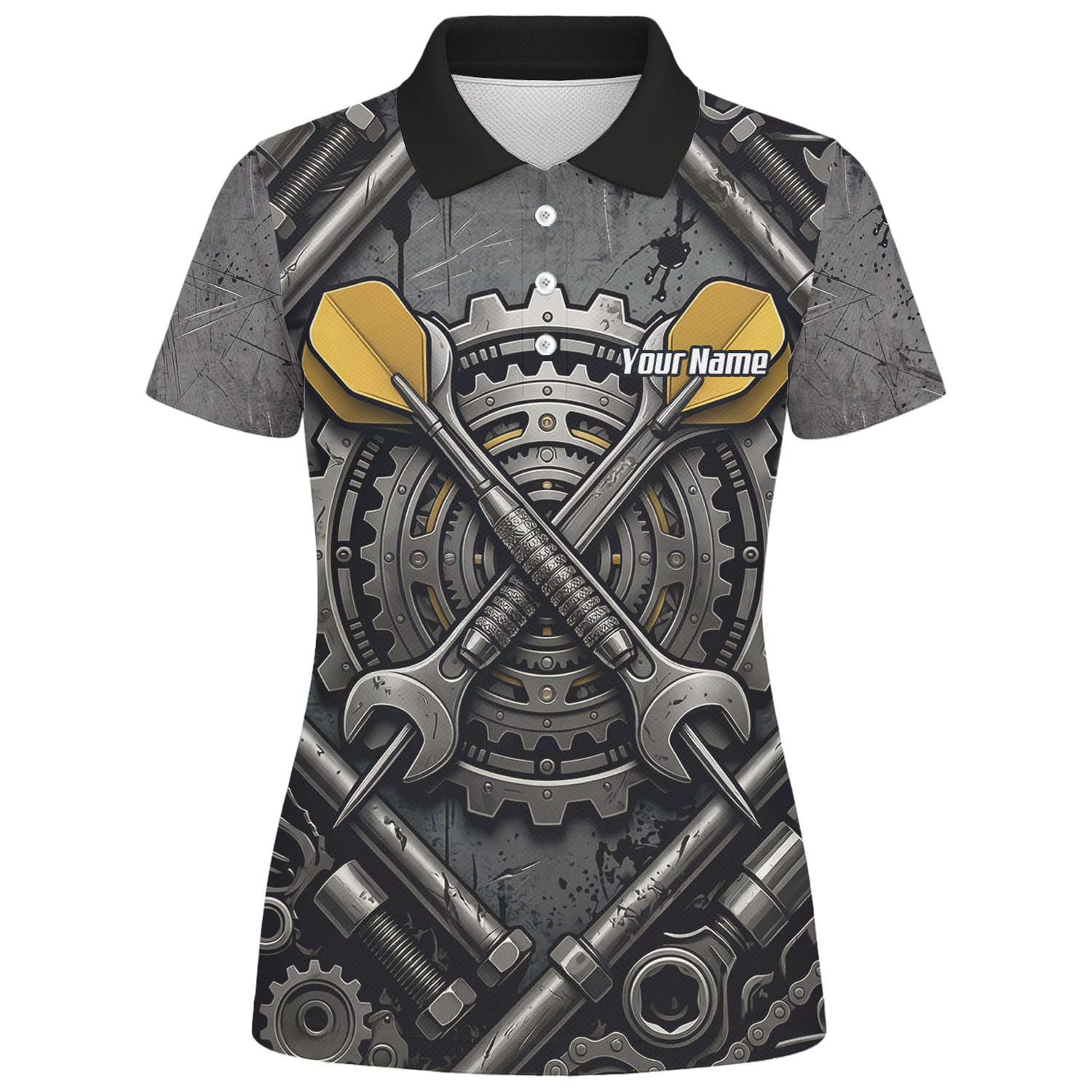 Personalised Women's Industrial Gear Dart Jersey Custom Name Mechanical Spanner Design Dart Shirt Black Yellow Polo A4038