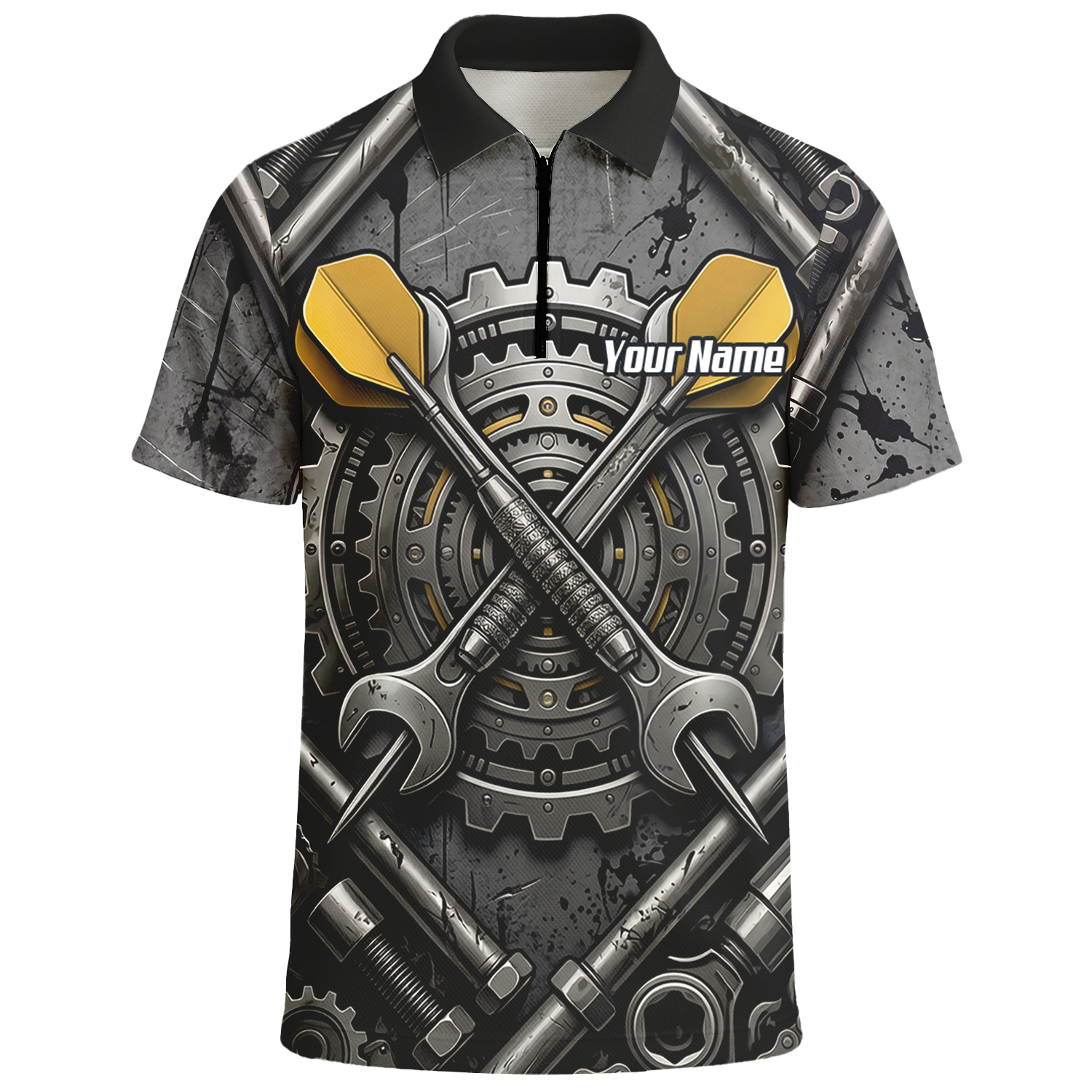 Personalised Men's Industrial Gear Dart Jersey Custom Name Mechanical Spanner Design Dart Shirt Black Yellow Polo A4038