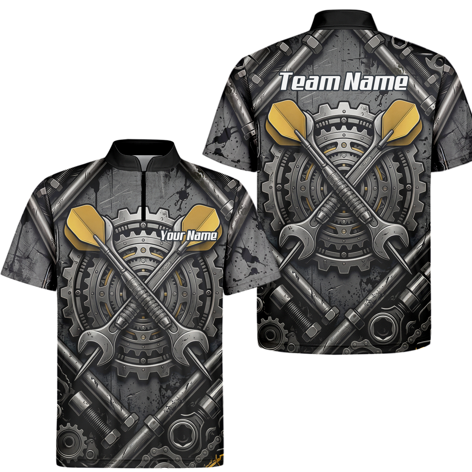Personalised Men's Industrial Gear Dart Jersey Custom Name Mechanical Spanner Design Dart Shirt Black Yellow Polo A4038