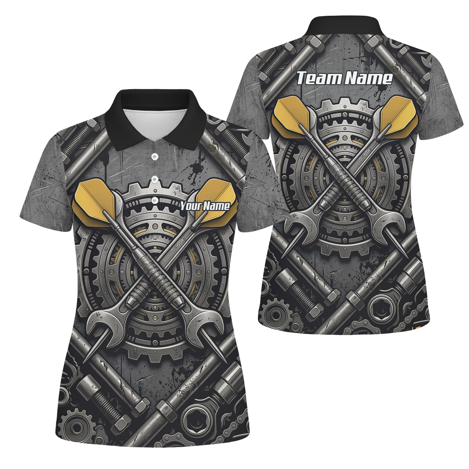 Personalised Women's Industrial Gear Dart Jersey Custom Name Mechanical Spanner Design Dart Shirt Black Yellow Polo A4038