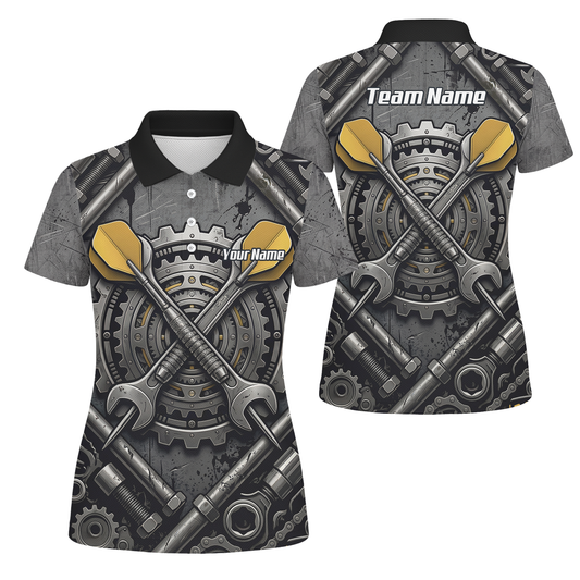 Personalised Women's Industrial Gear Dart Jersey Custom Name Mechanical Spanner Design Dart Shirt Black Yellow Polo A4038