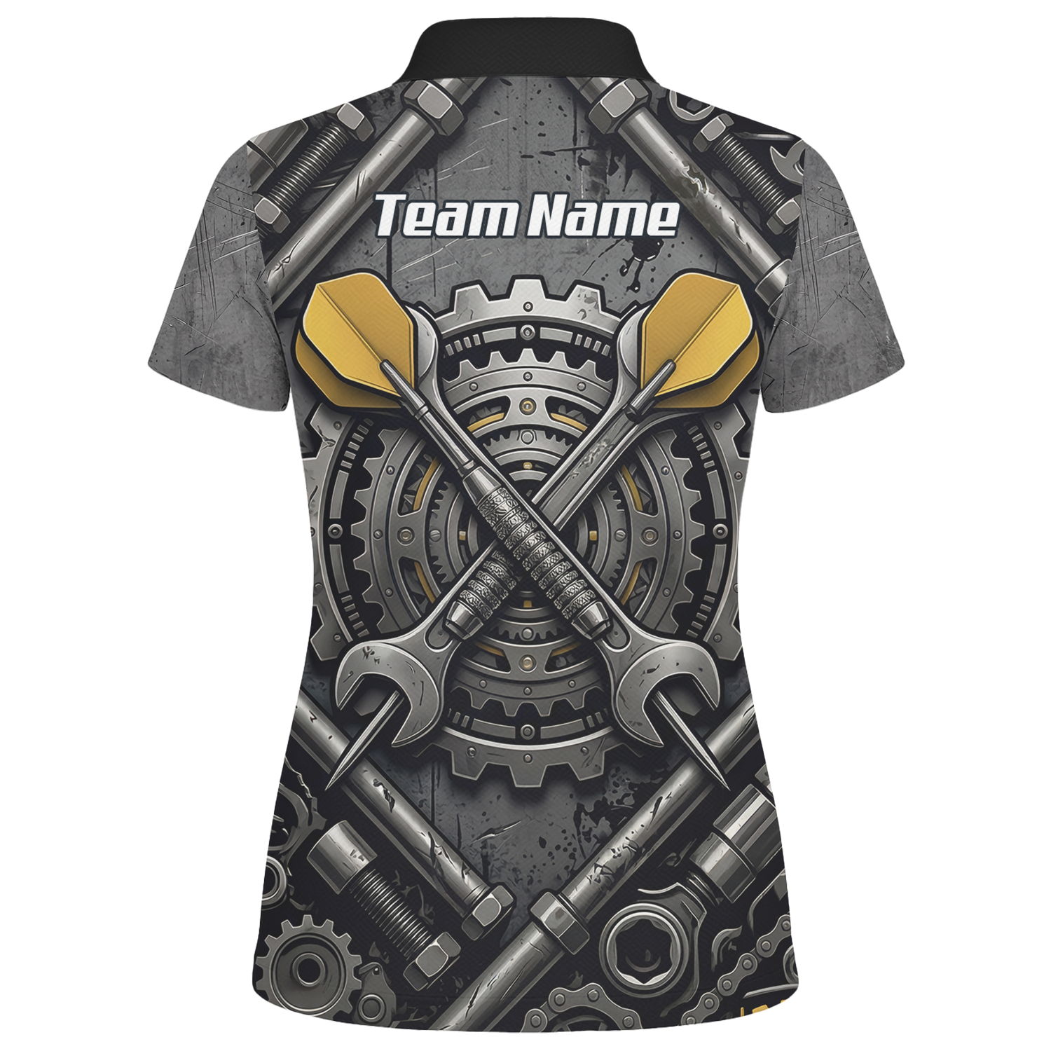 Personalised Women's Industrial Gear Dart Jersey Custom Name Mechanical Spanner Design Dart Shirt Black Yellow Polo A4038