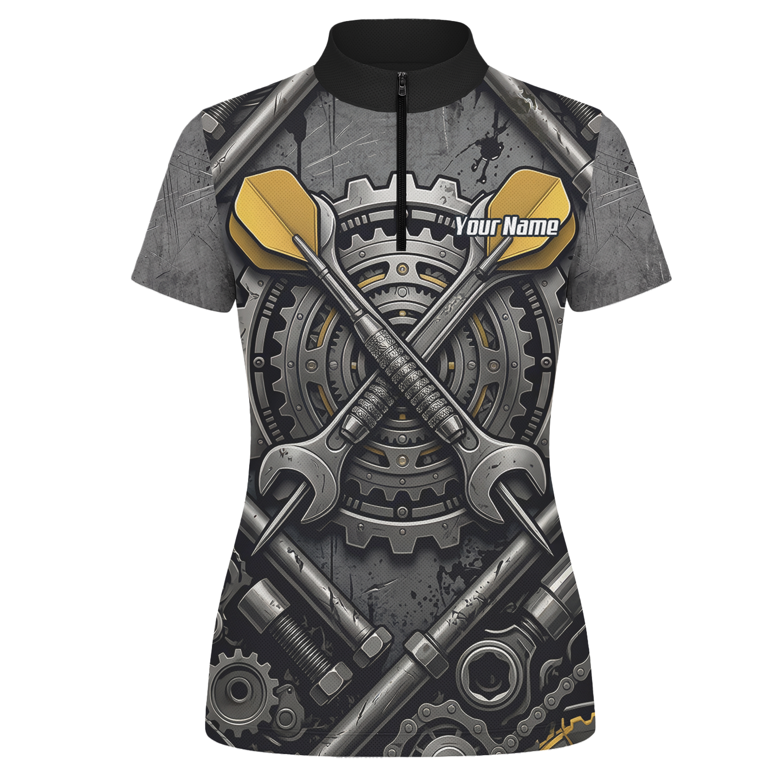 Personalised Women's Industrial Gear Dart Jersey Custom Name Mechanical Spanner Design Dart Shirt Black Yellow Polo A4038