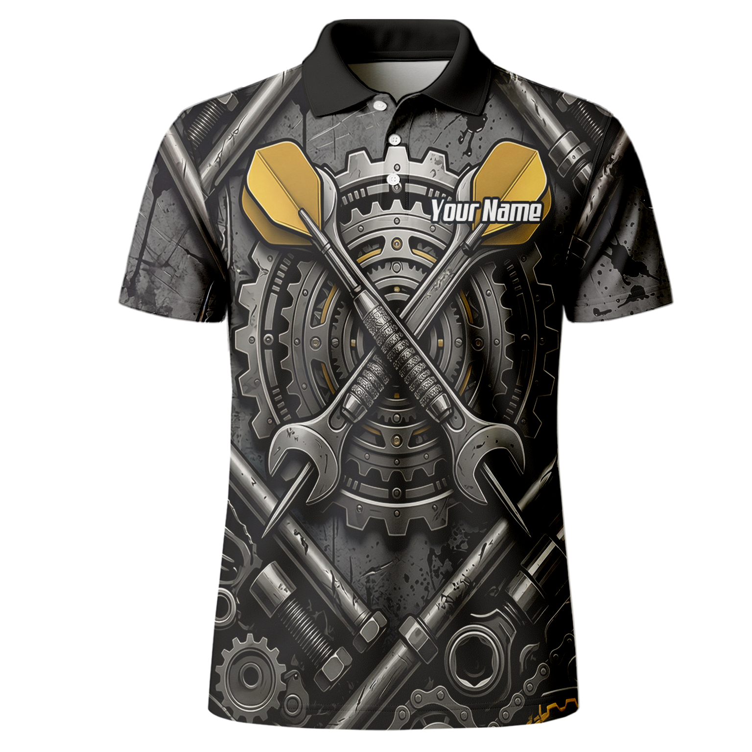Personalised Men's Industrial Gear Dart Jersey Custom Name Mechanical Spanner Design Dart Shirt Black Yellow Polo A4038
