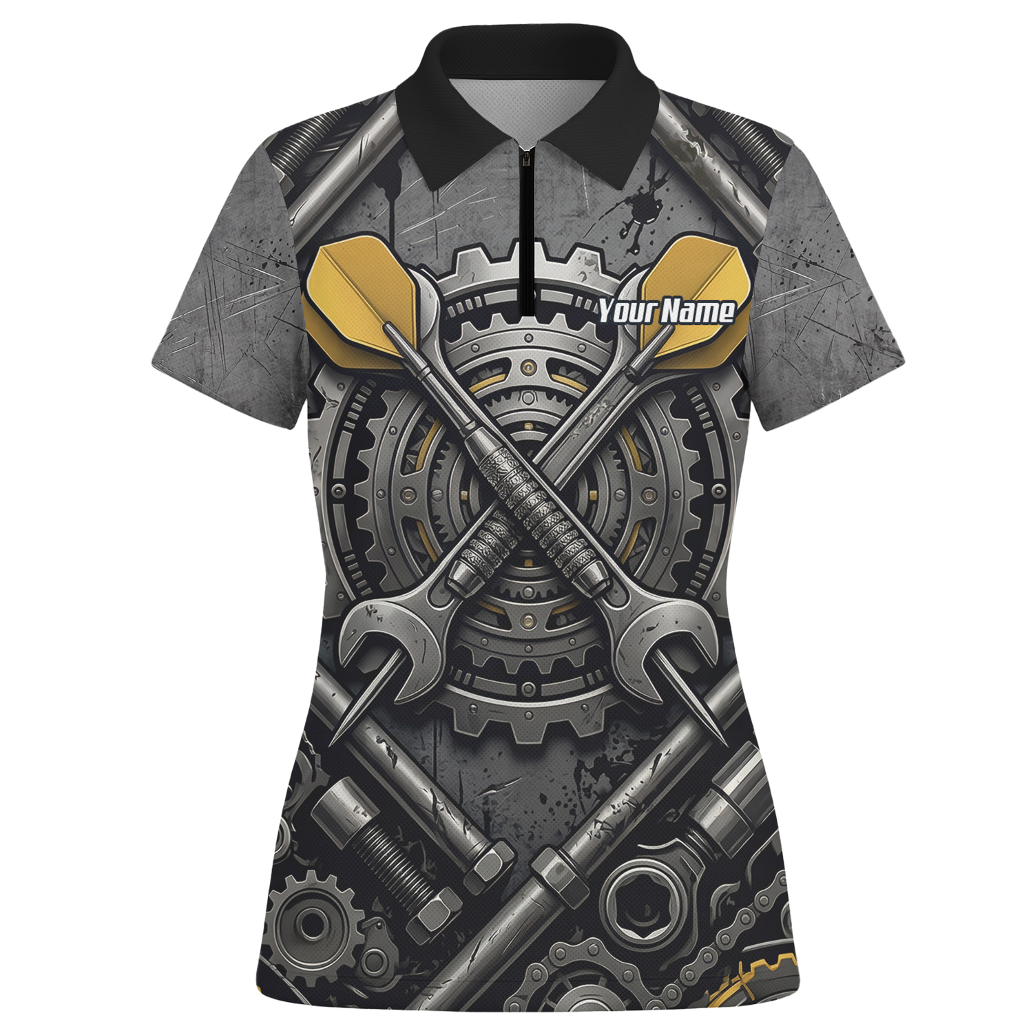 Personalised Women's Industrial Gear Dart Jersey Custom Name Mechanical Spanner Design Dart Shirt Black Yellow Polo A4038