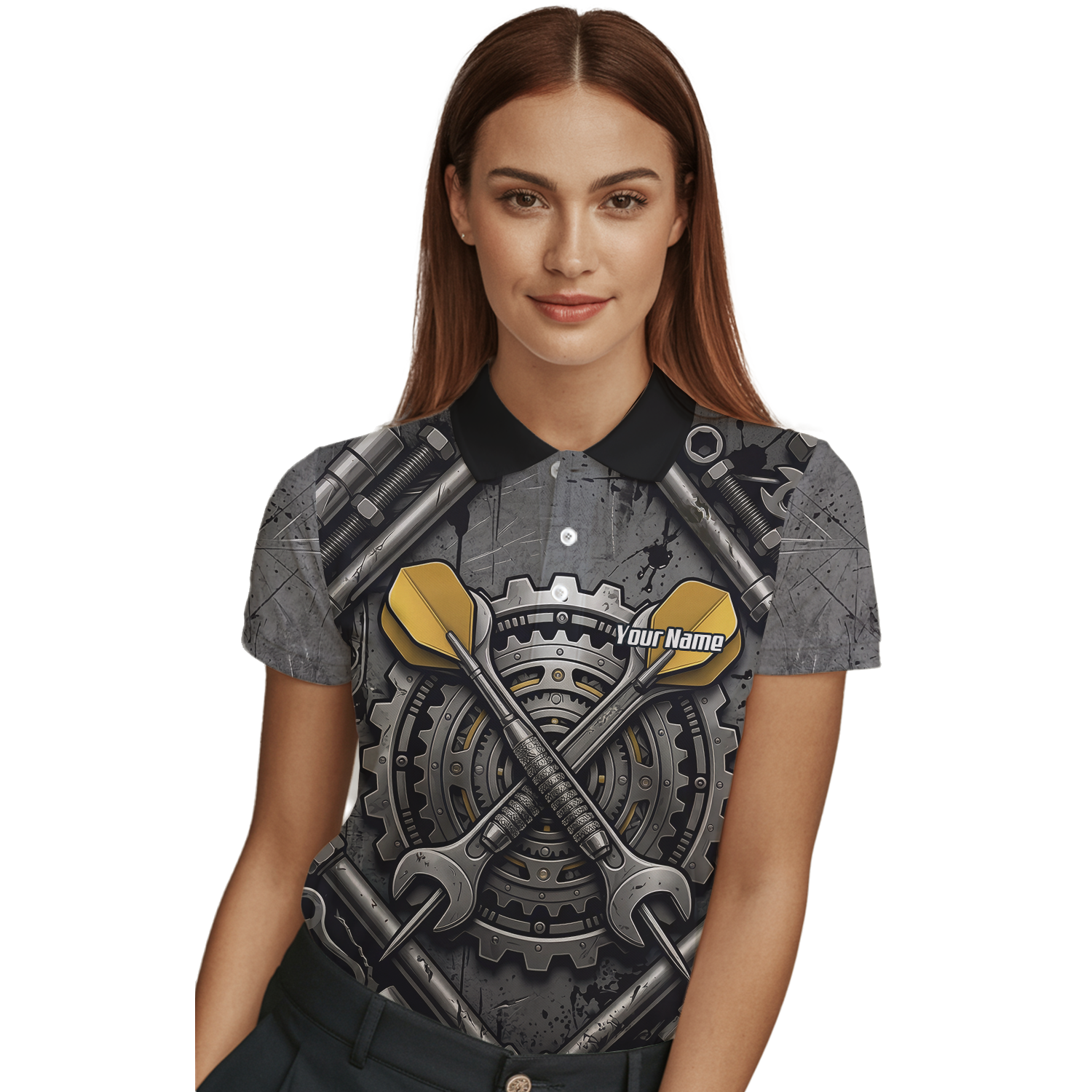 Personalised Women's Industrial Gear Dart Jersey Custom Name Mechanical Spanner Design Dart Shirt Black Yellow Polo A4038