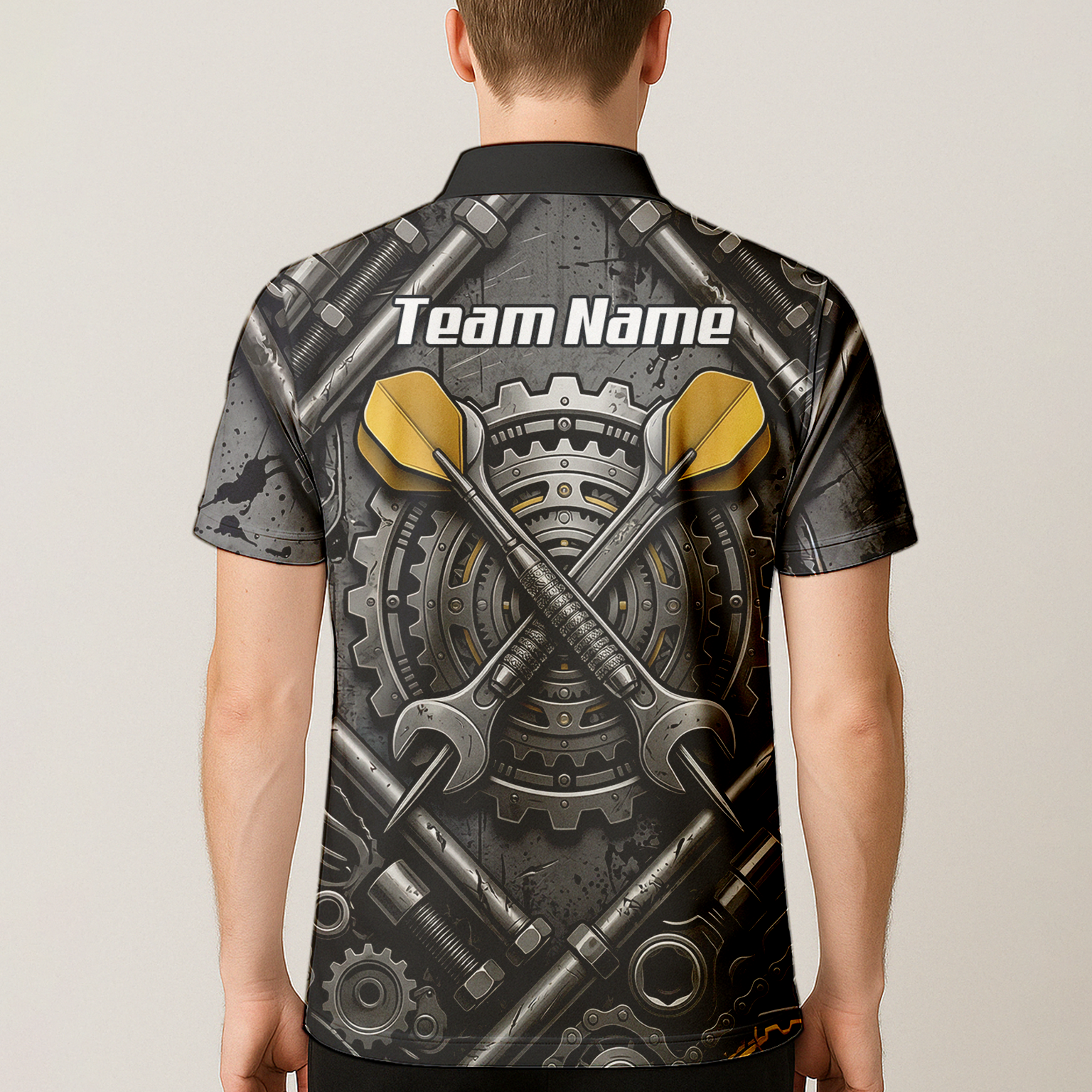 Personalised Men's Industrial Gear Dart Jersey Custom Name Mechanical Spanner Design Dart Shirt Black Yellow Polo A4038