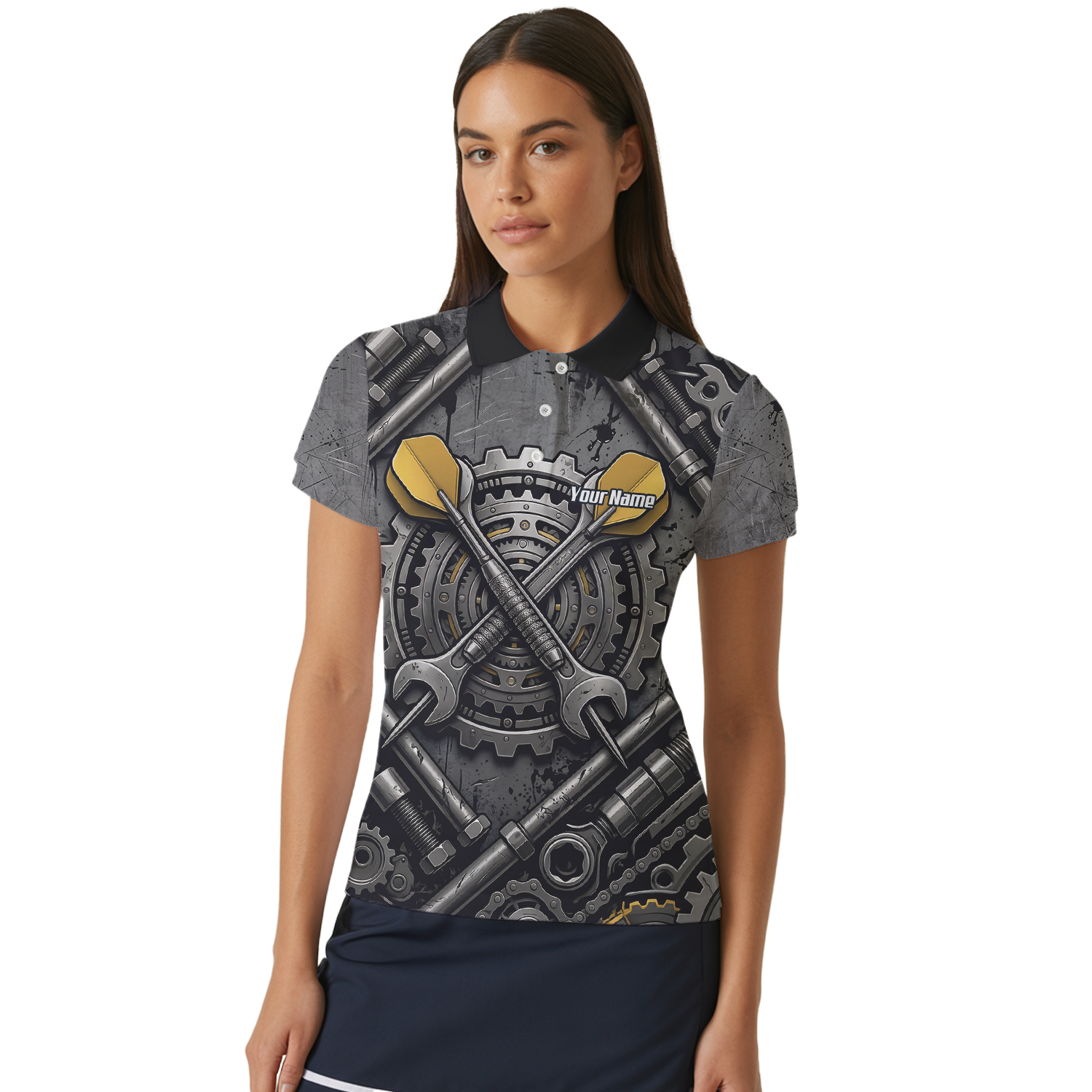 Personalised Women's Industrial Gear Dart Jersey Custom Name Mechanical Spanner Design Dart Shirt Black Yellow Polo A4038