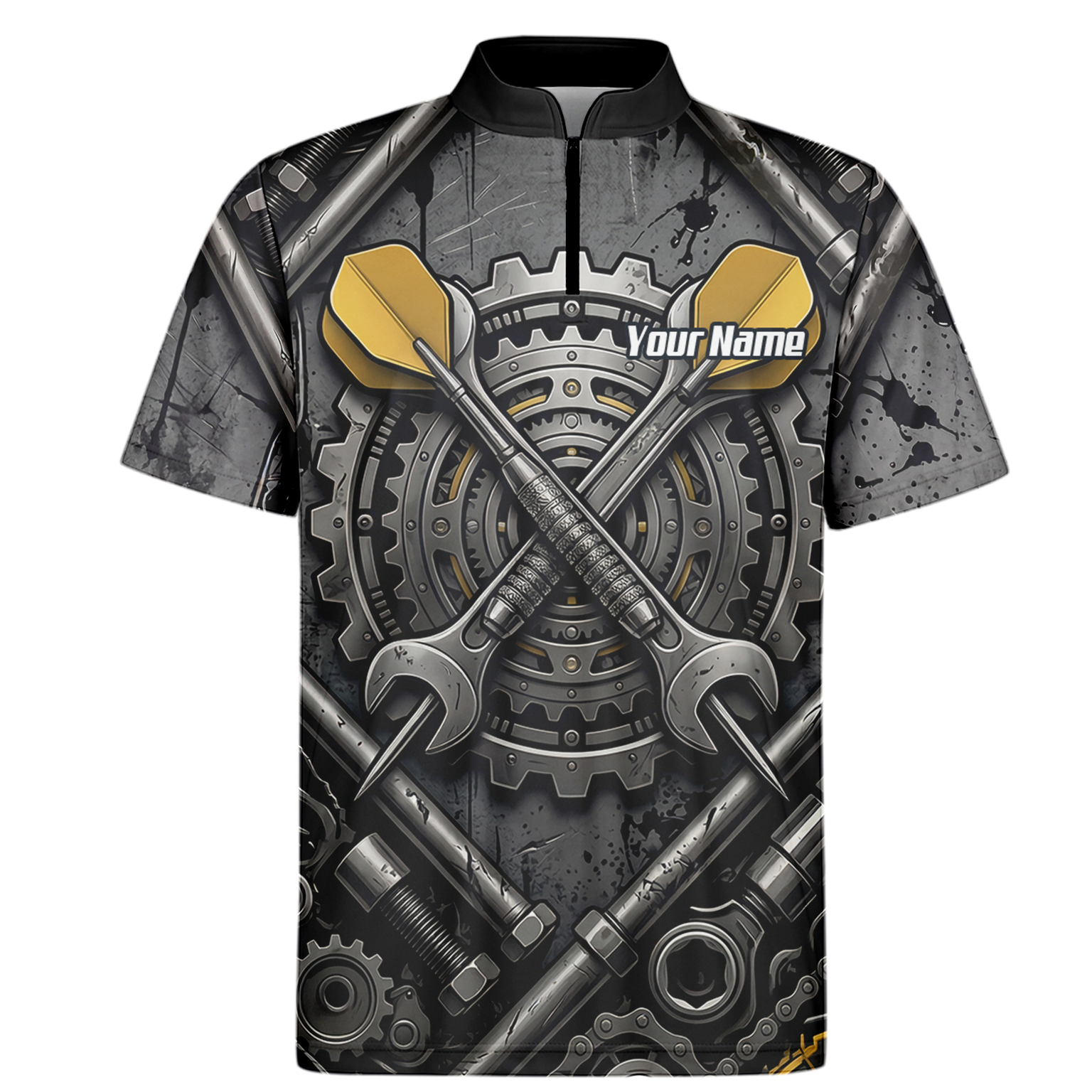 Personalised Men's Industrial Gear Dart Jersey Custom Name Mechanical Spanner Design Dart Shirt Black Yellow Polo A4038
