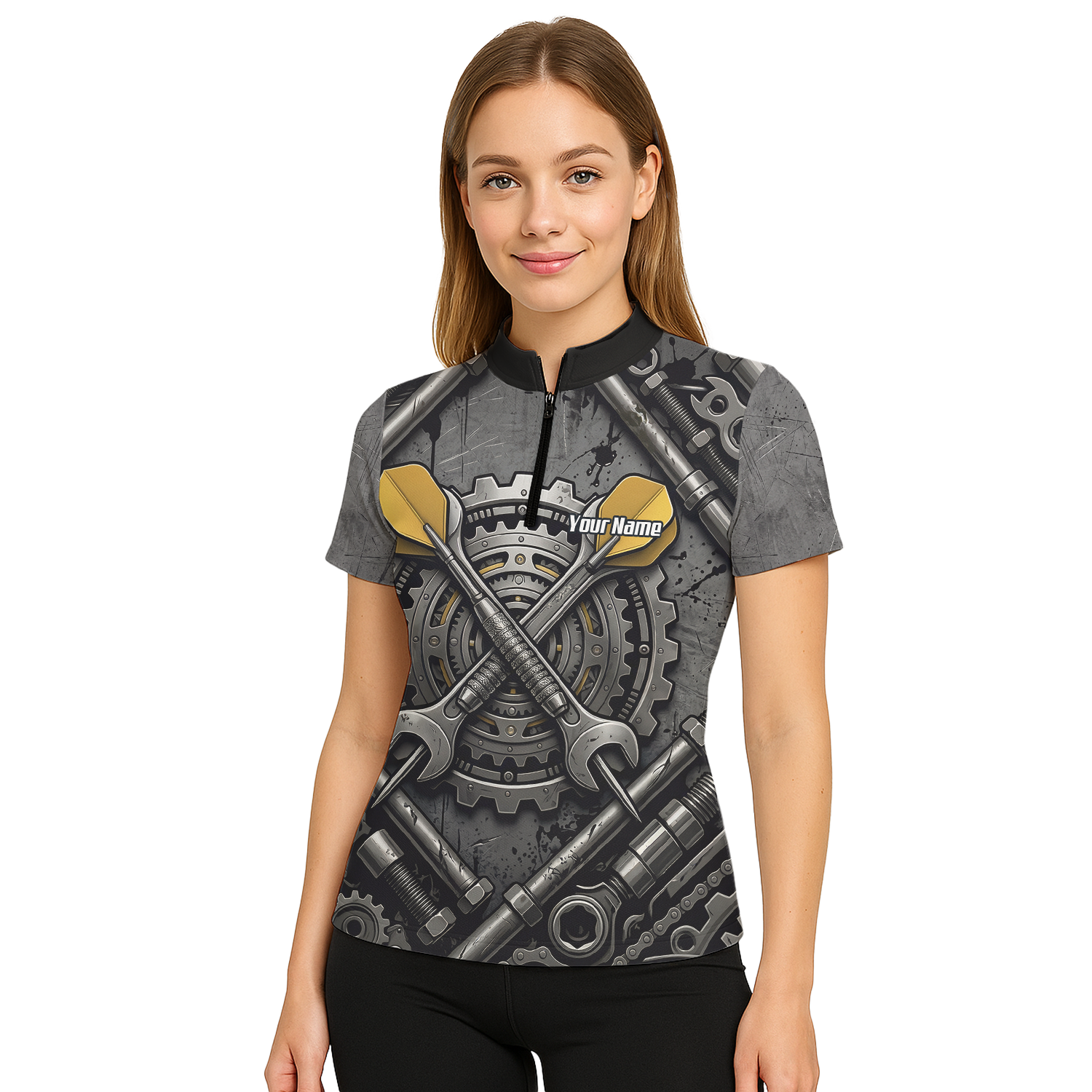 Personalised Women's Industrial Gear Dart Jersey Custom Name Mechanical Spanner Design Dart Shirt Black Yellow Polo A4038