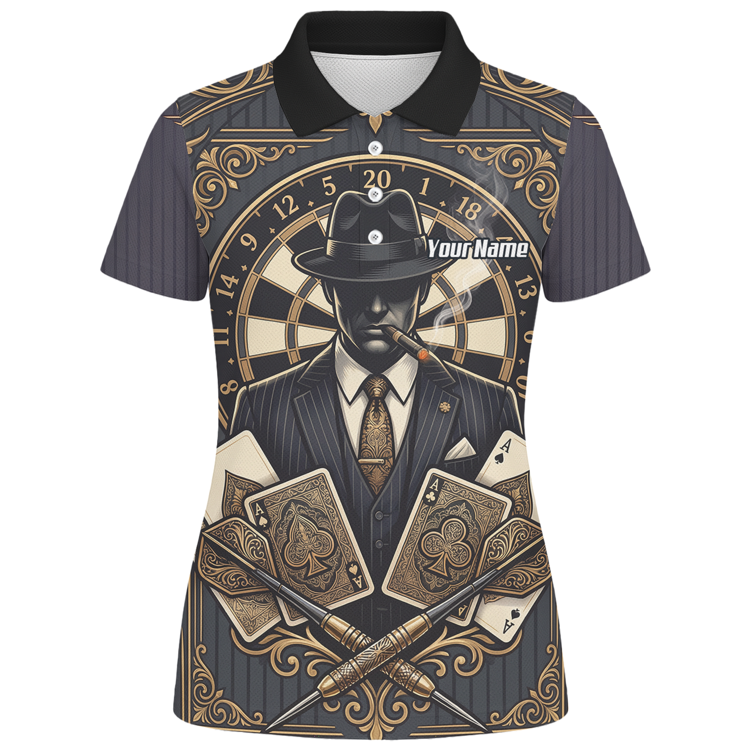 Personalised Gangster Dart Jersey For Women Custom Poker Cards Design Black Gold Dart Shirt Polo A7182