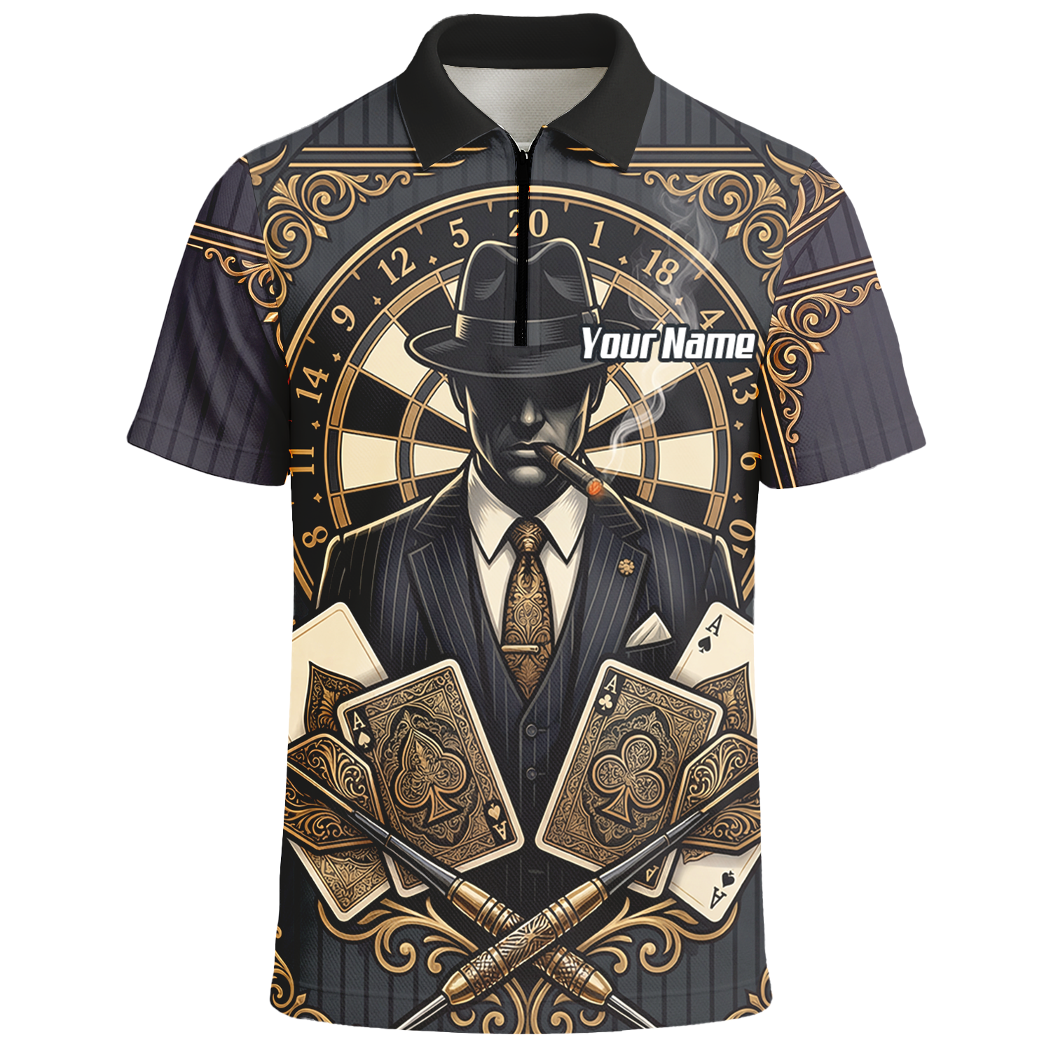 Personalised Gangster Dart Jersey For Men Custom Poker Cards Design Black Gold Dart Shirt Polo A7182